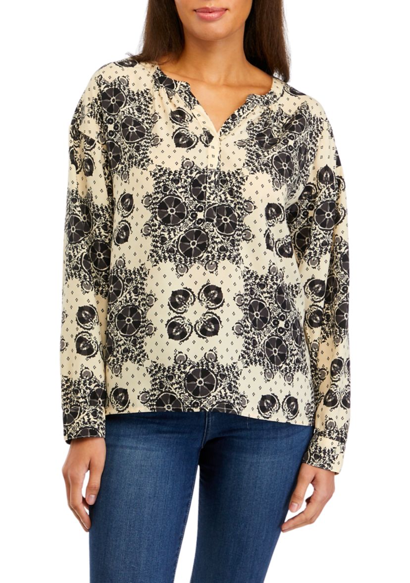 Womens Long Sleeve Henley Popover Top