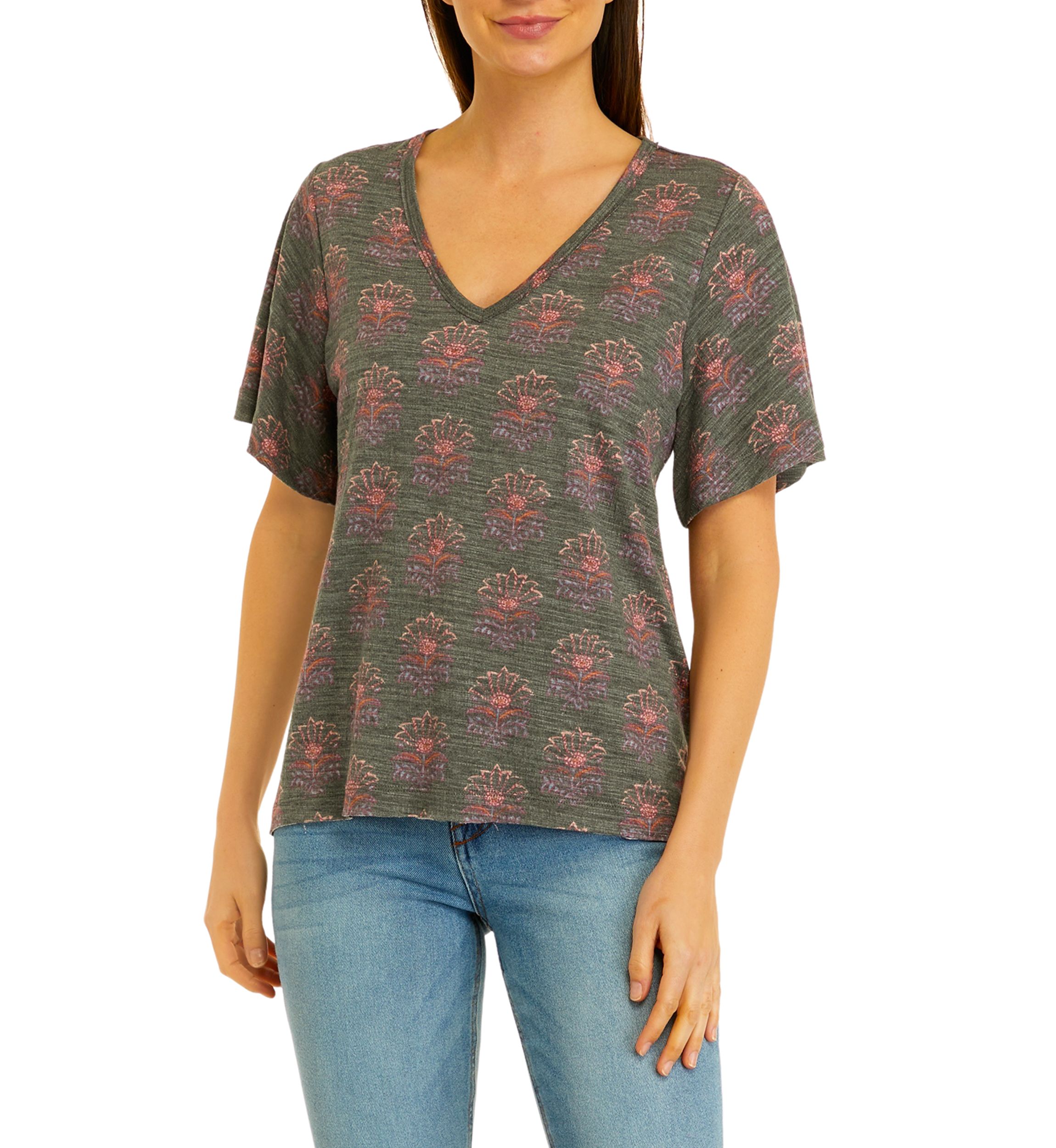 Womens Short Sleeve Slub Knit V-Neck Printed T-Shirt