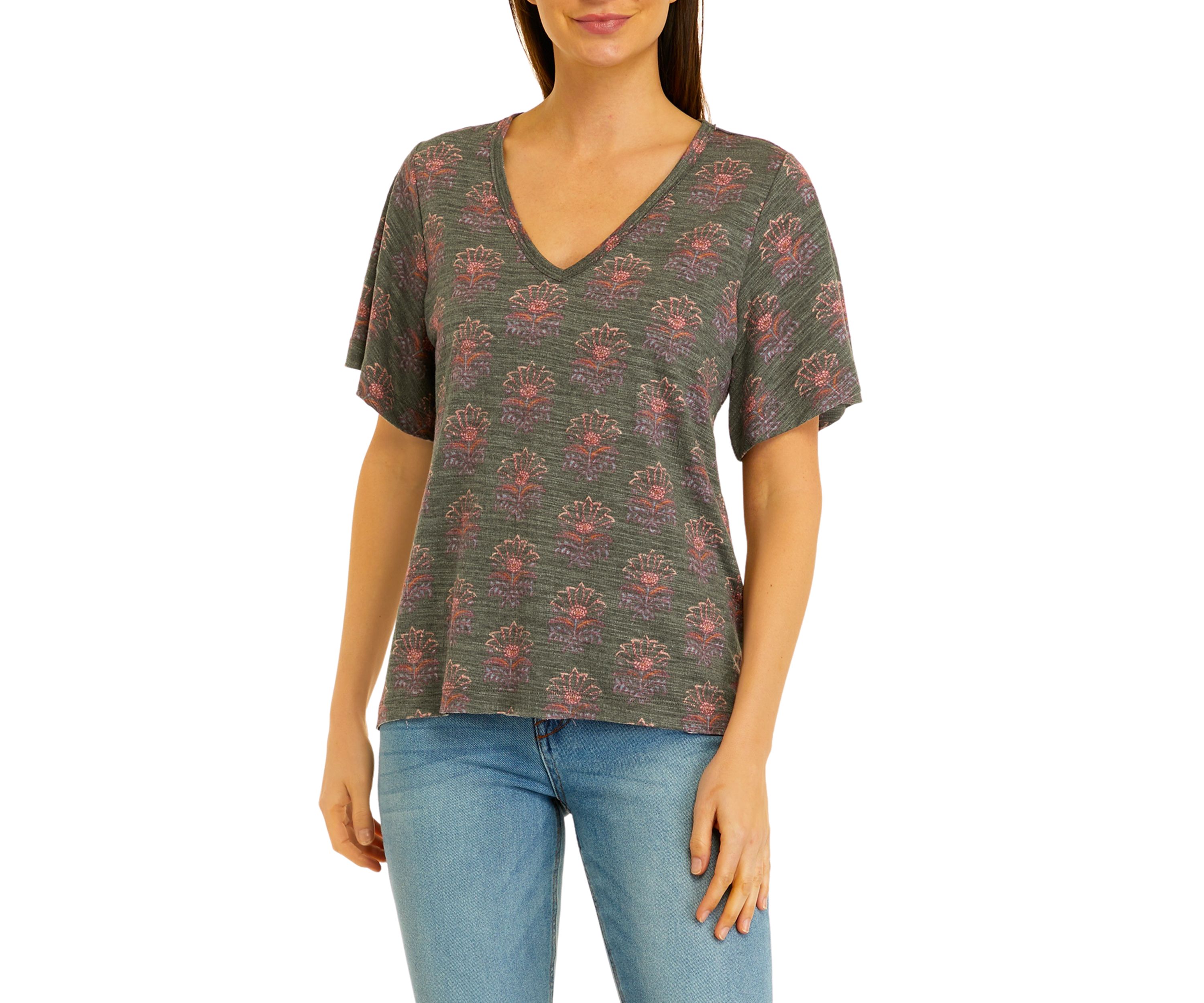 Womens Short Sleeve Slub Knit V-Neck Printed T-Shirt