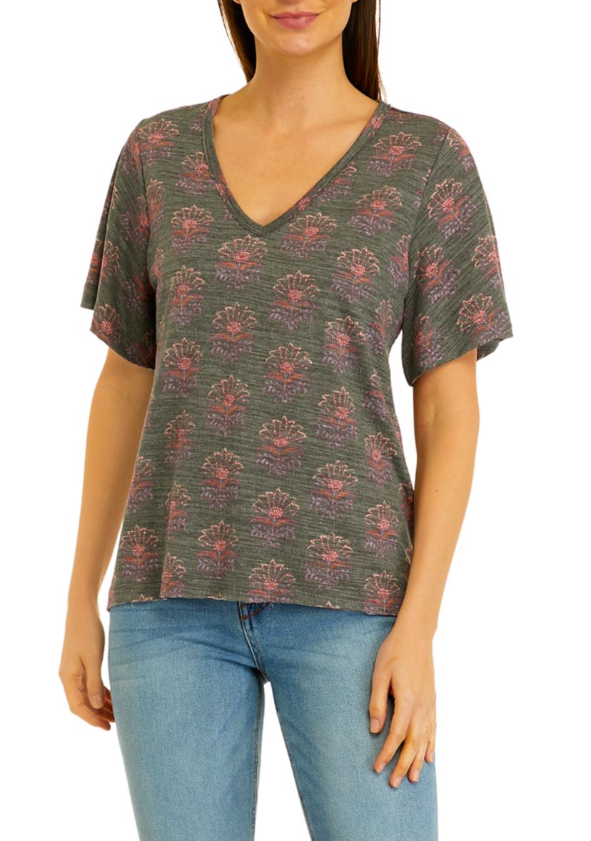 Womens Short Sleeve Slub Knit V-Neck Printed T-Shirt