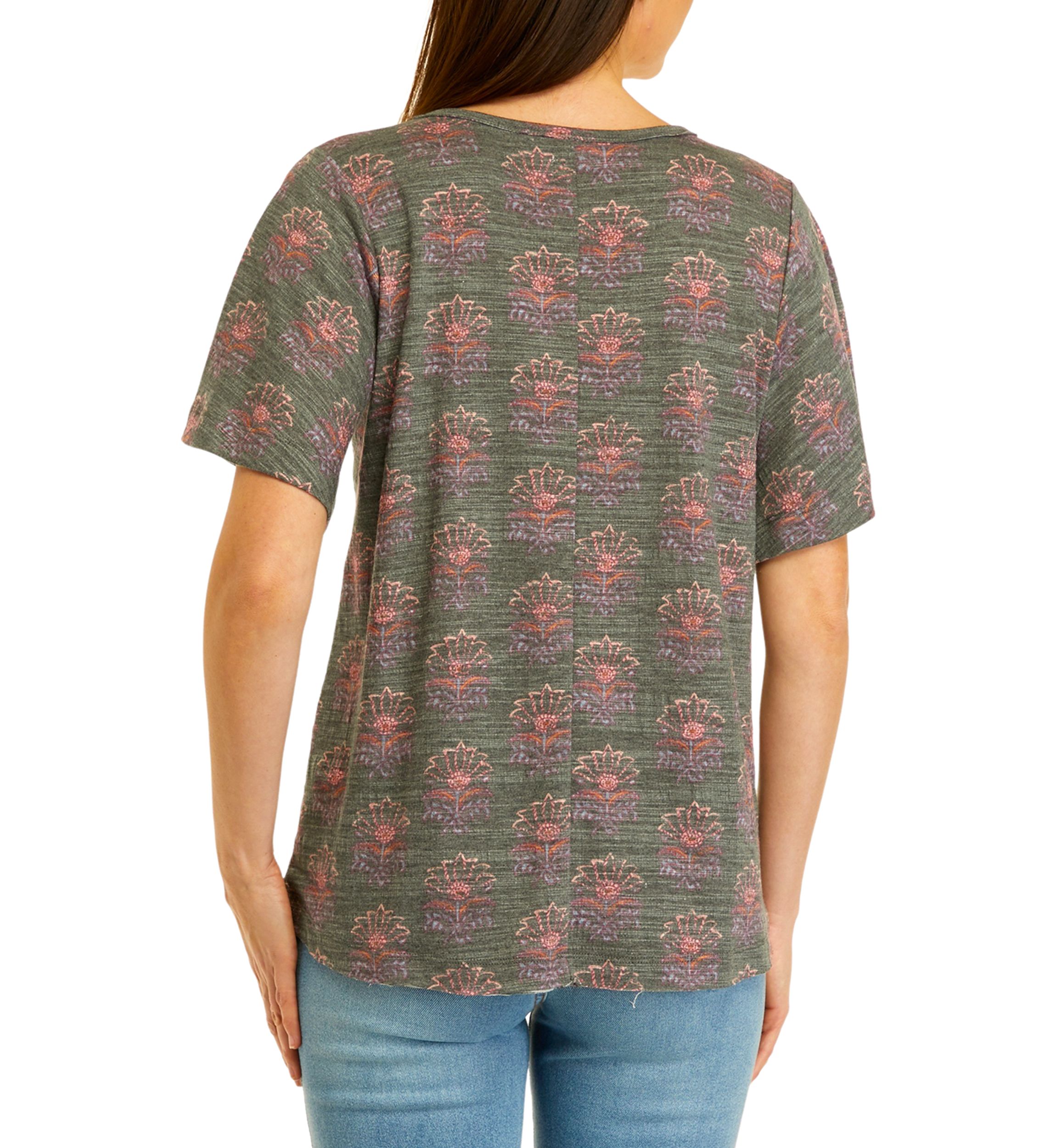 Womens Short Sleeve Slub Knit V-Neck Printed T-Shirt
