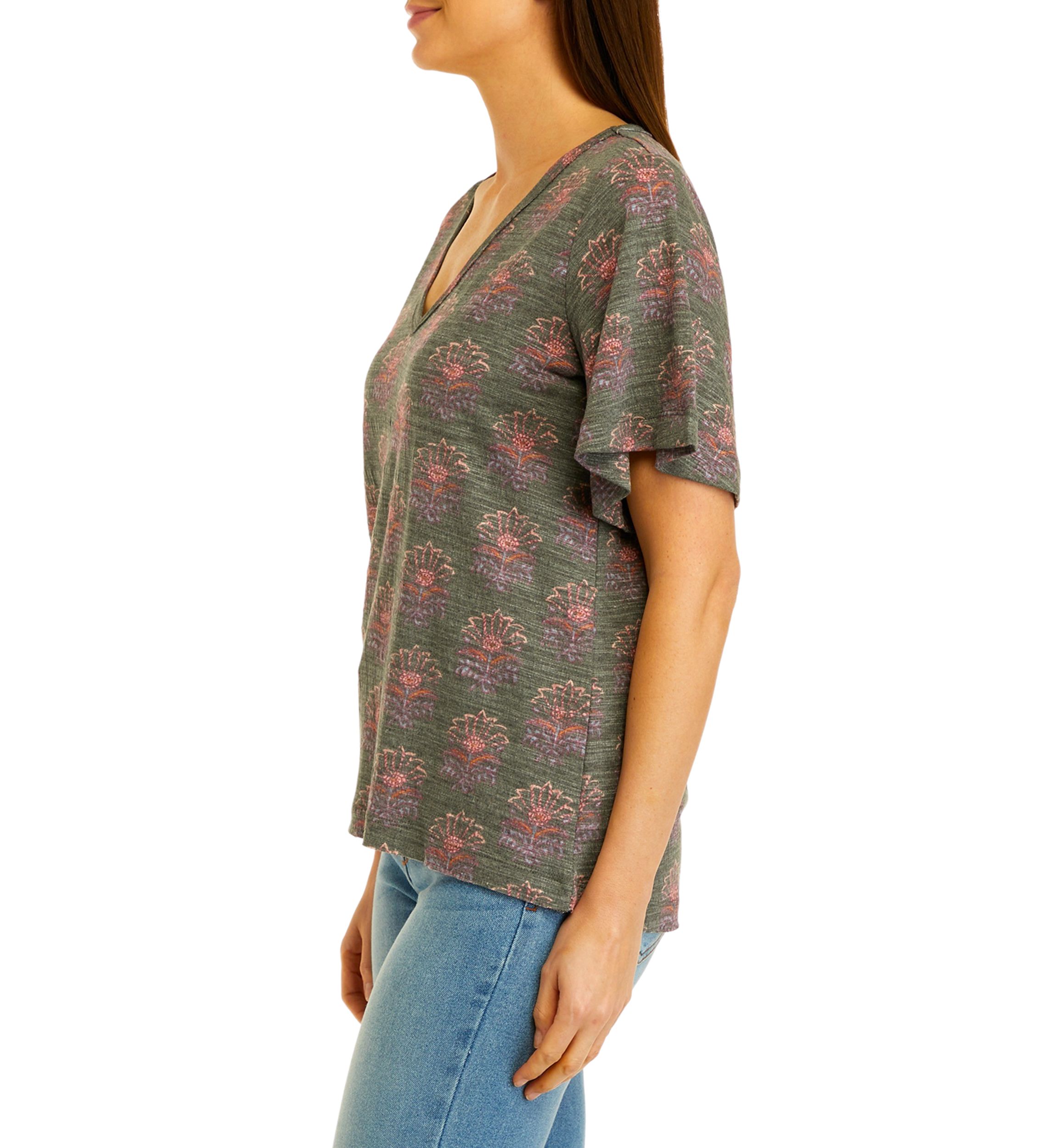 Womens Short Sleeve Slub Knit V-Neck Printed T-Shirt
