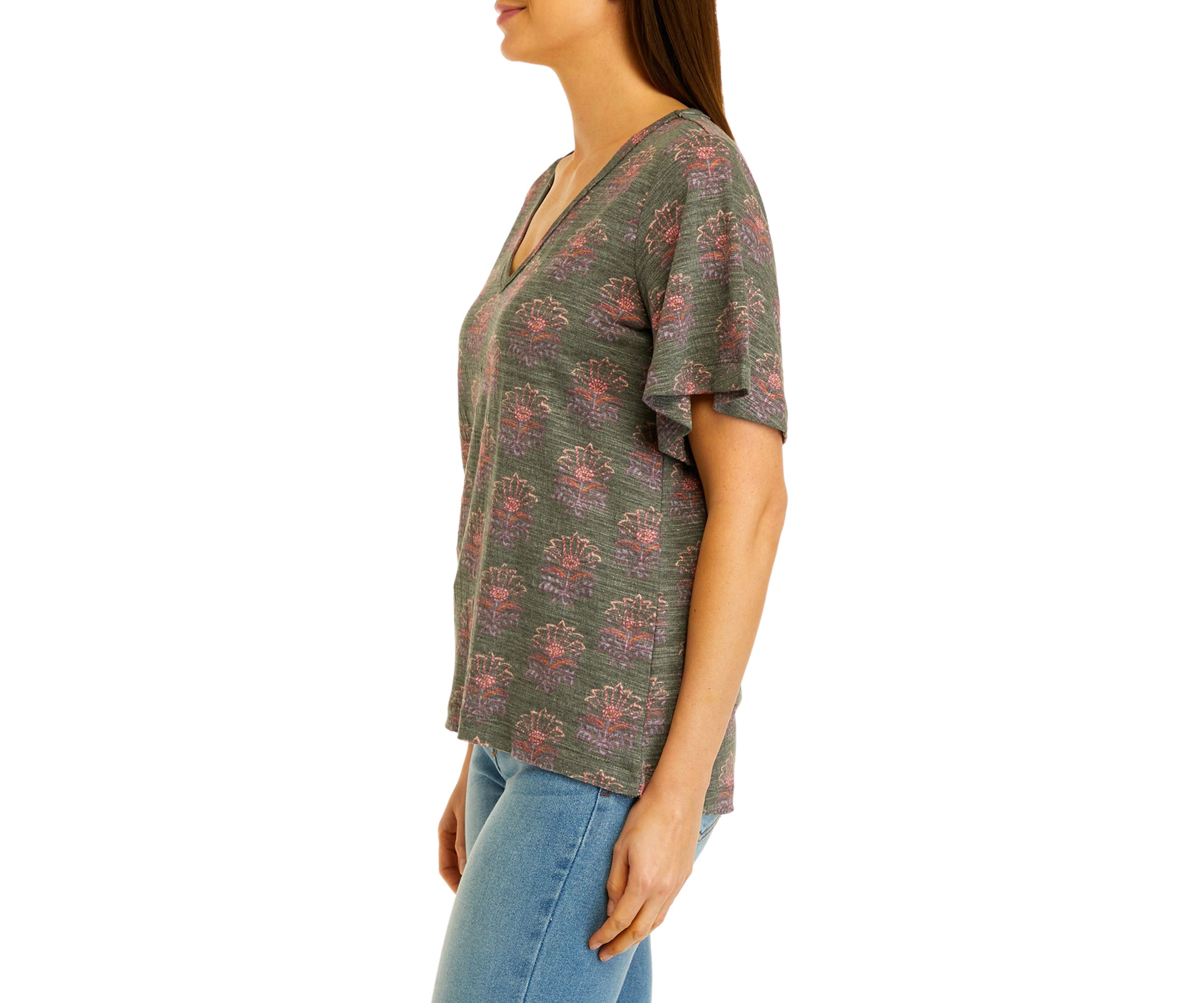 Womens Short Sleeve Slub Knit V-Neck Printed T-Shirt