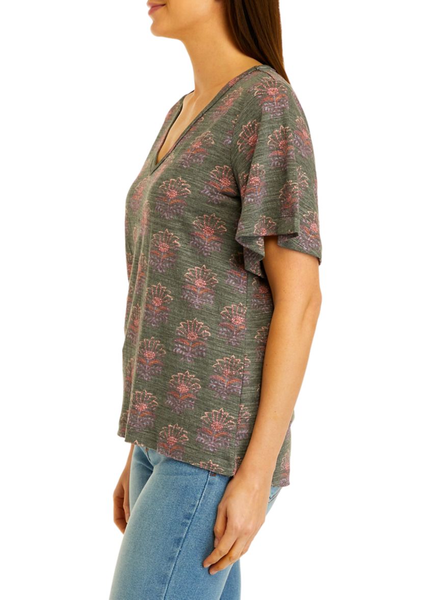 Womens Short Sleeve Slub Knit V-Neck Printed T-Shirt