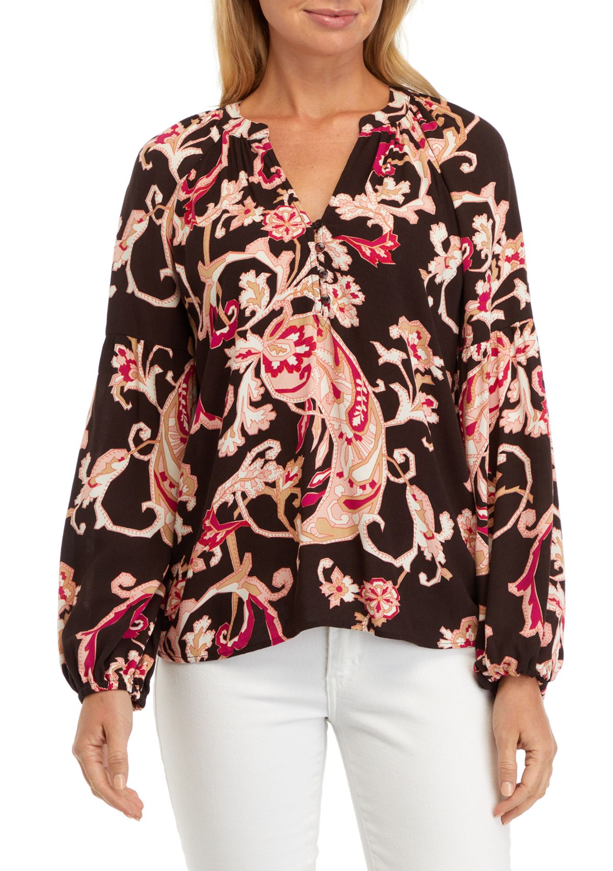 Womens Split Neck Blouson Sleeve Printed Peasant Top 