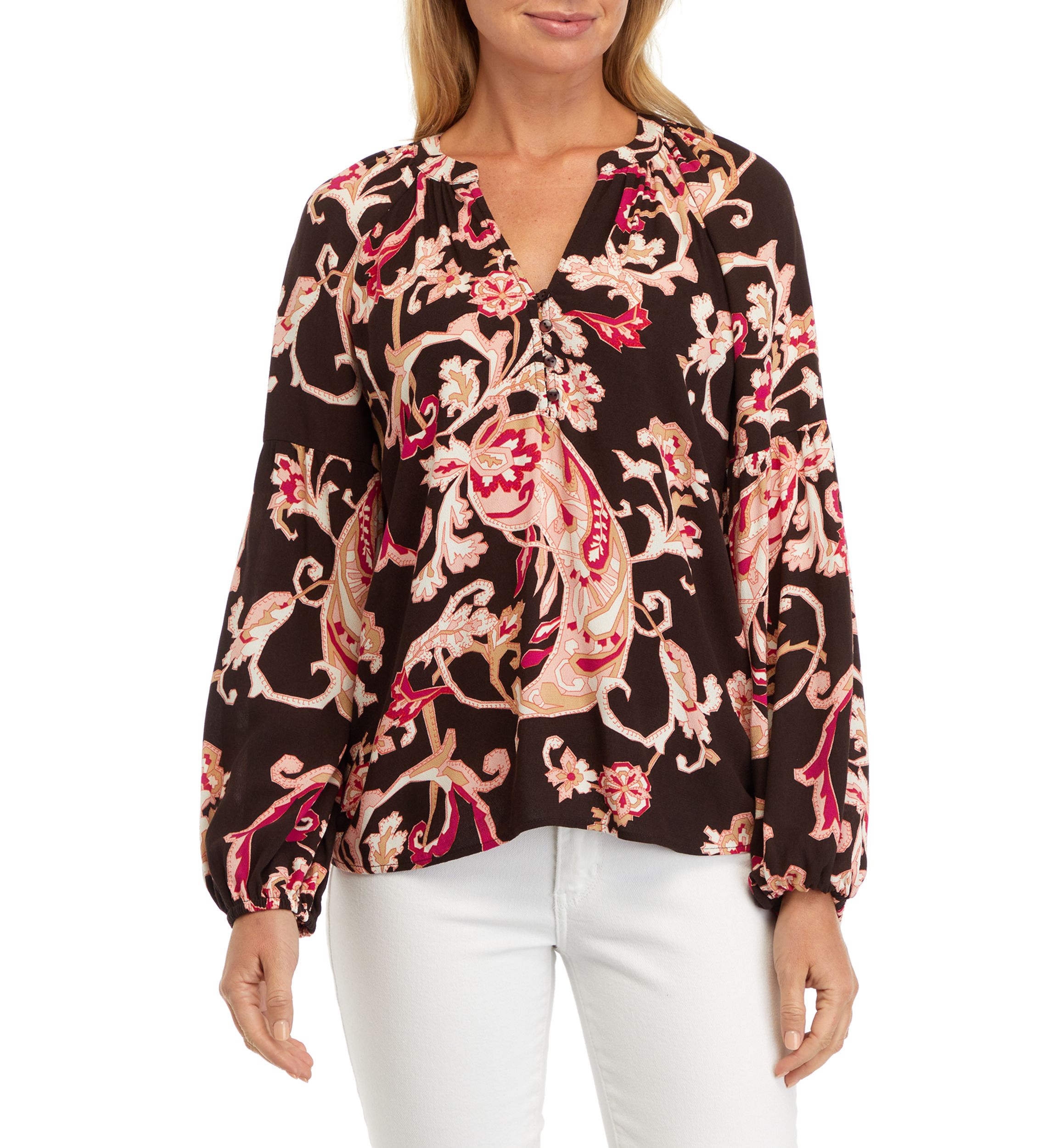 Womens Split Neck Blouson Sleeve Printed Peasant Top 