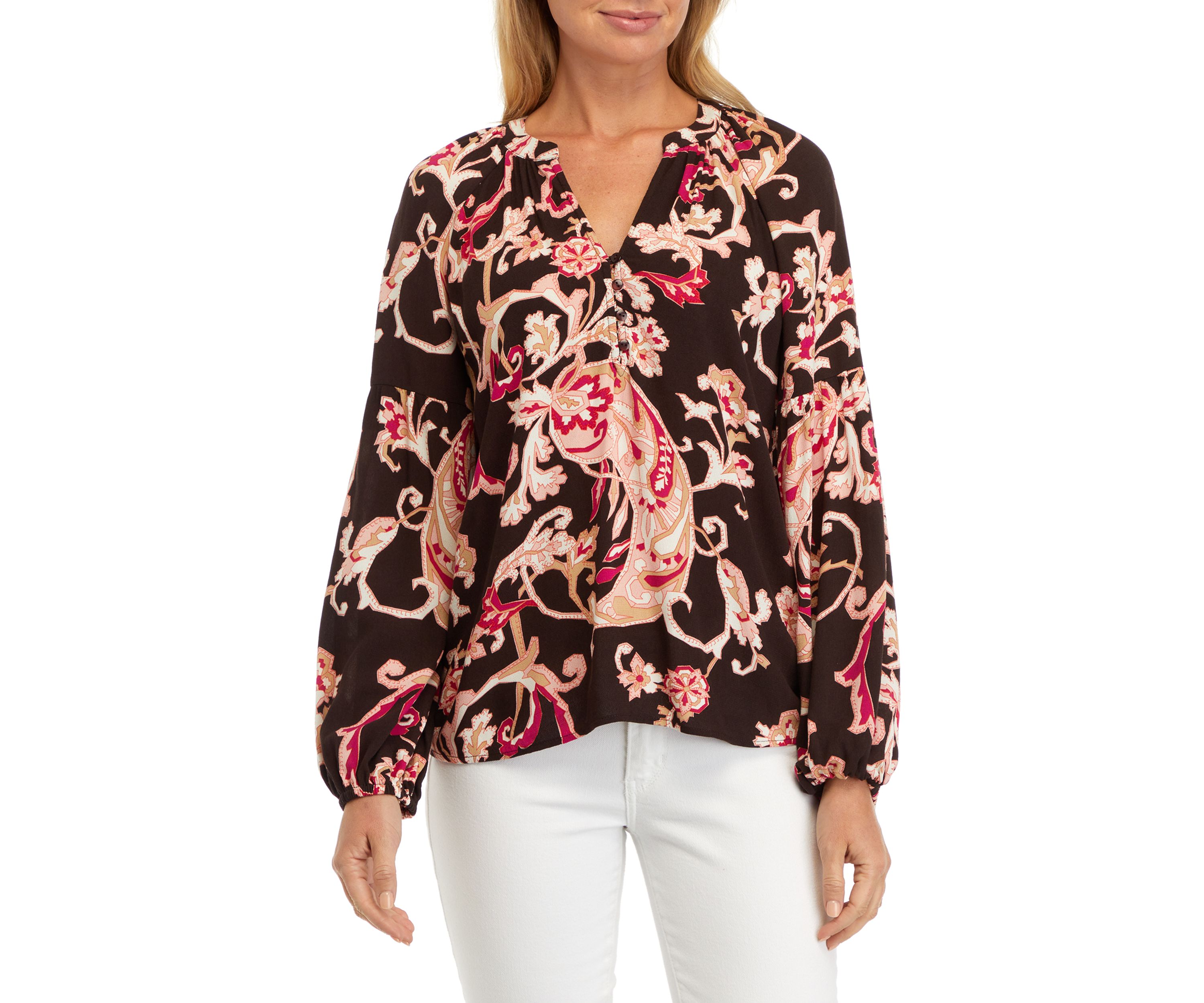 Womens Split Neck Blouson Sleeve Printed Peasant Top 