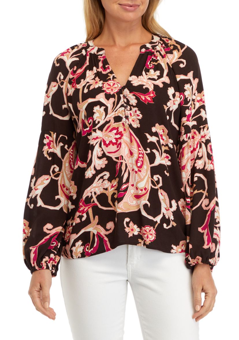 Womens Split Neck Blouson Sleeve Printed Peasant Top 