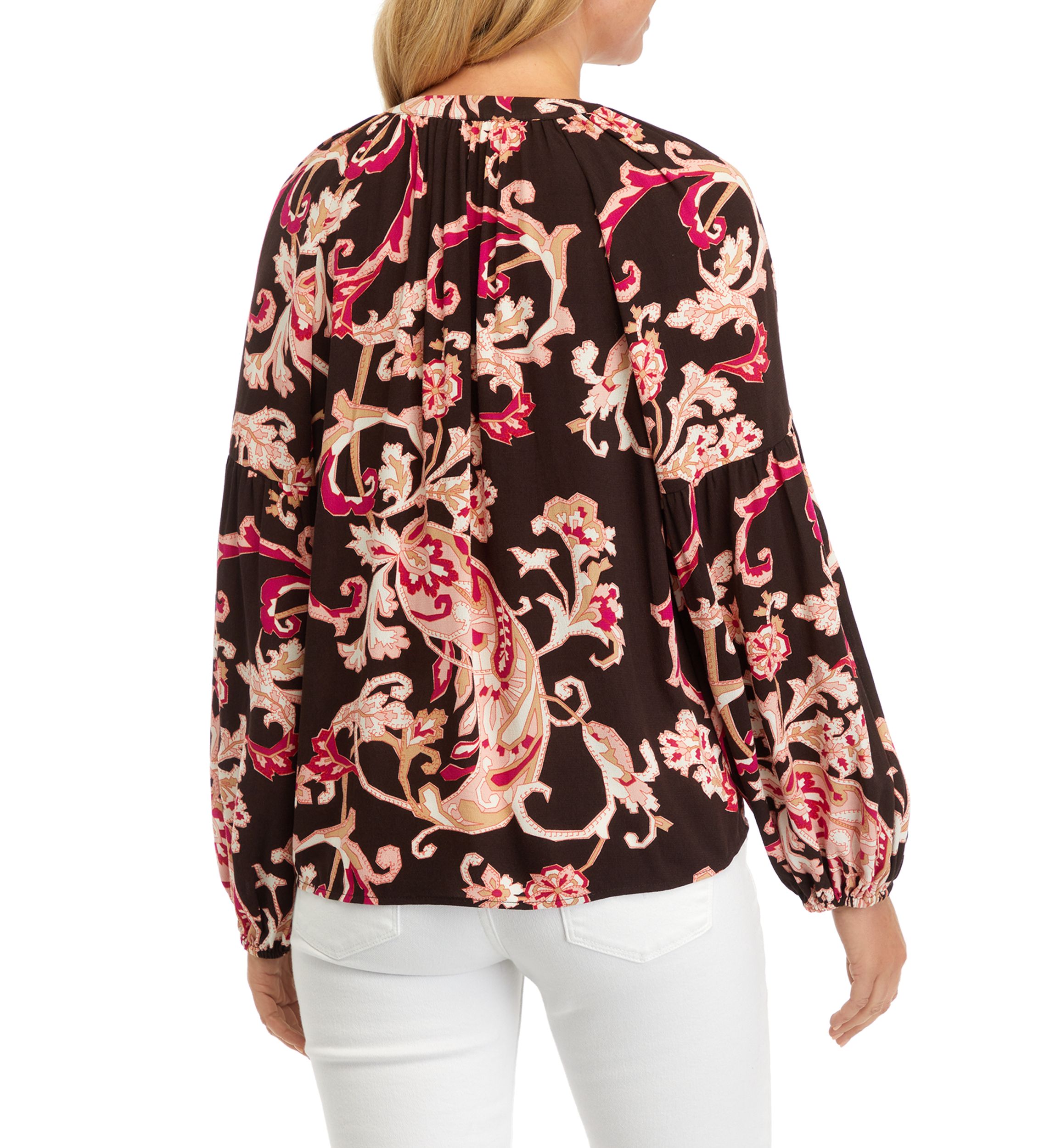 Womens Split Neck Blouson Sleeve Printed Peasant Top 