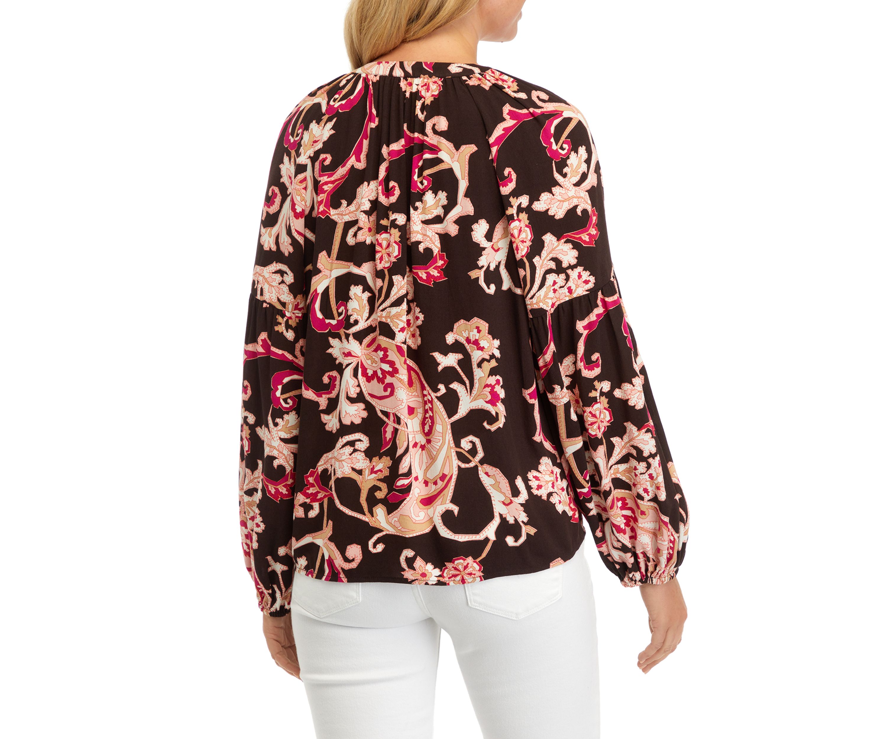 Womens Split Neck Blouson Sleeve Printed Peasant Top 