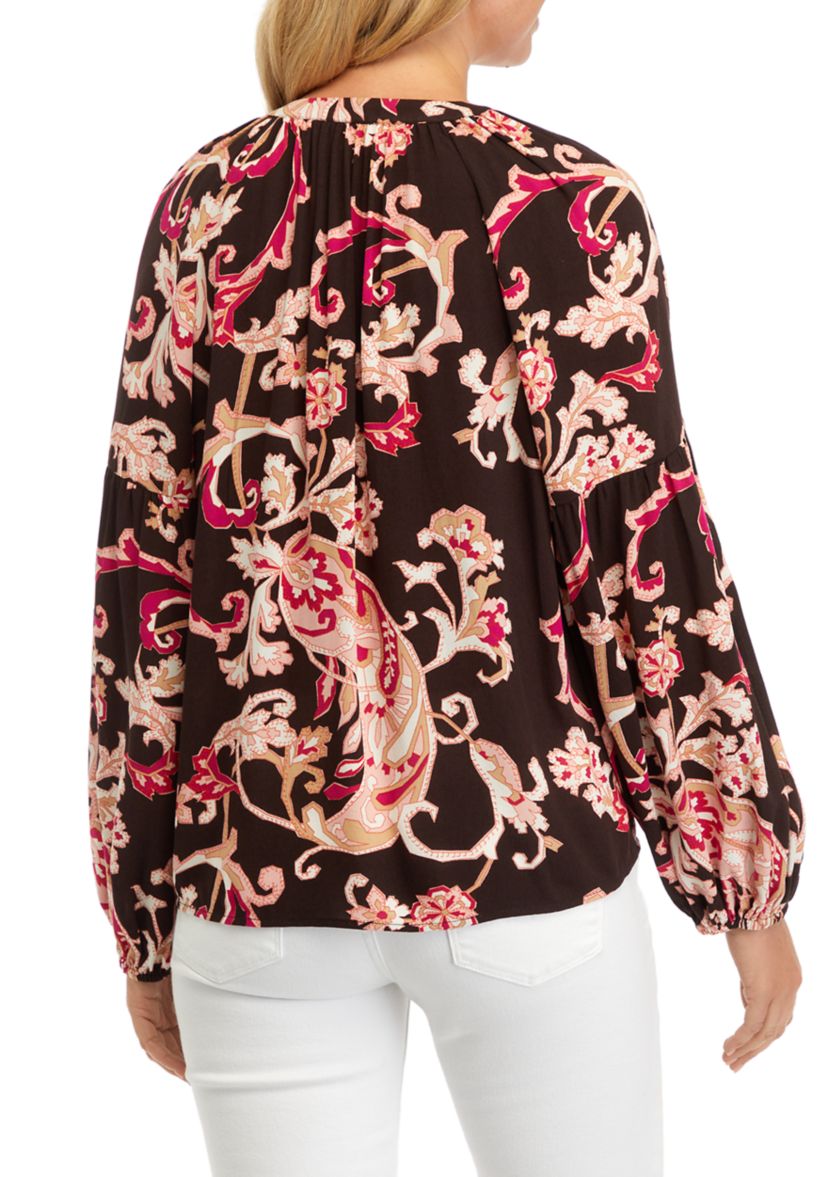 Womens Split Neck Blouson Sleeve Printed Peasant Top 