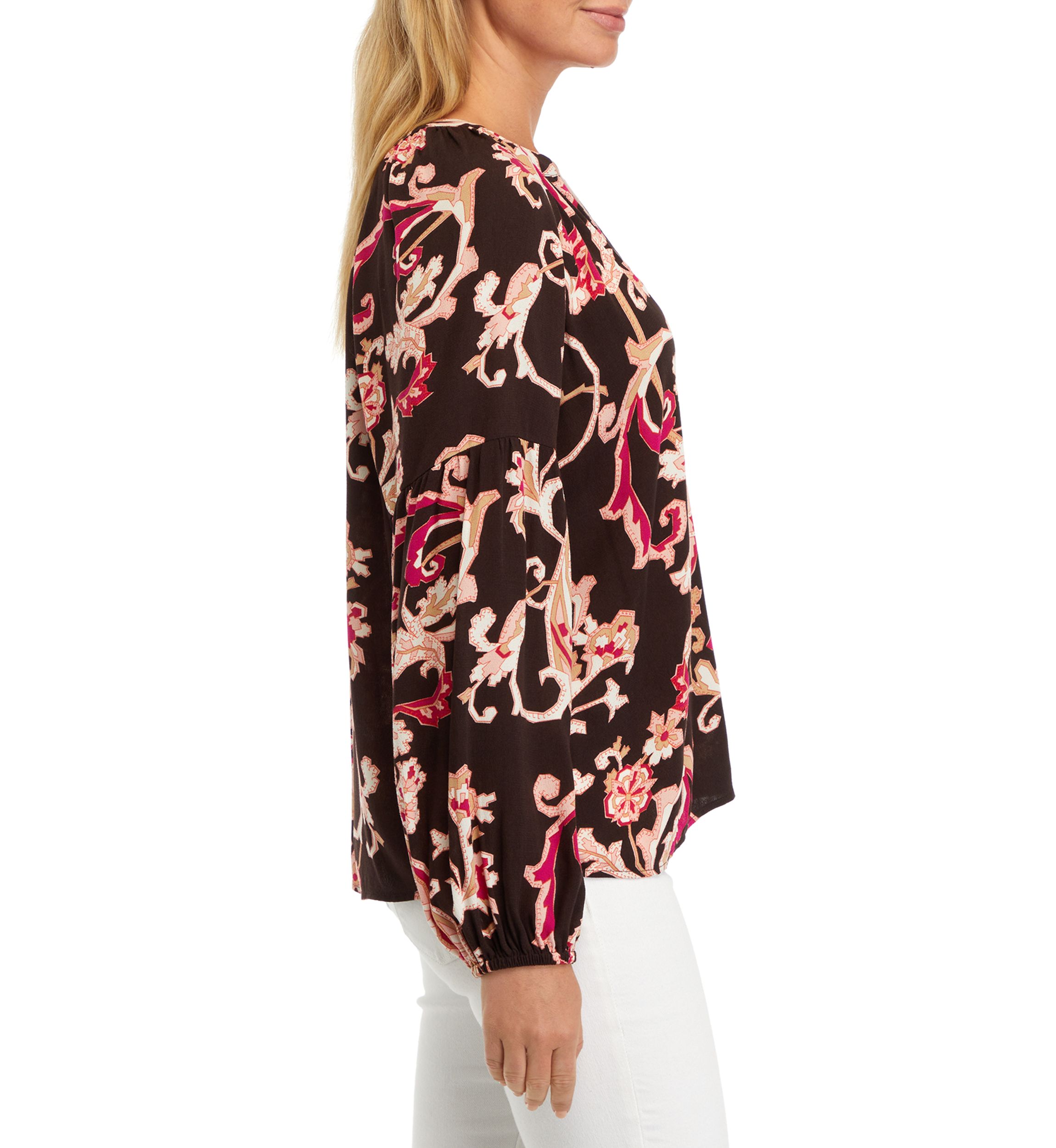 Womens Split Neck Blouson Sleeve Printed Peasant Top 