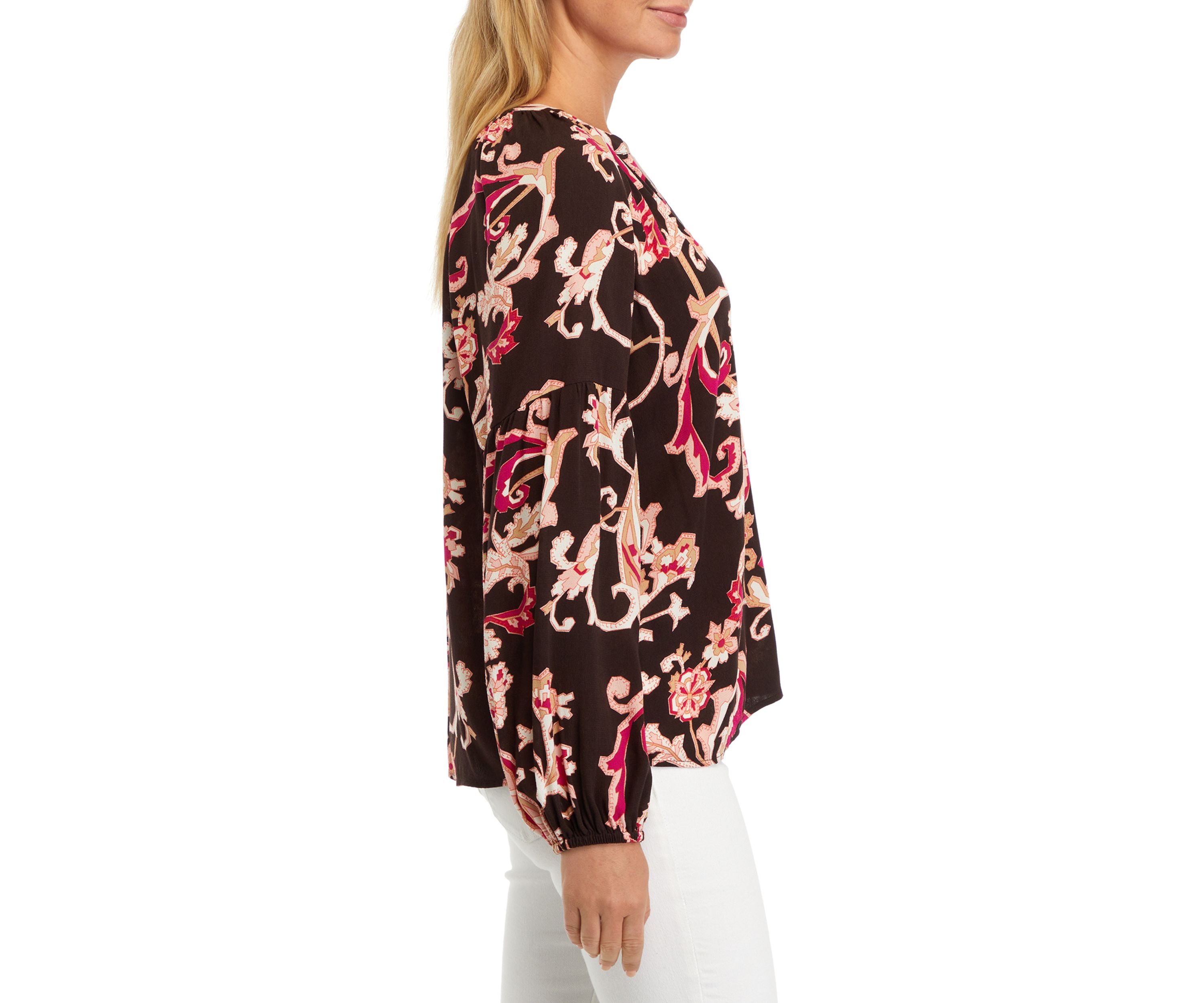 Womens Split Neck Blouson Sleeve Printed Peasant Top 