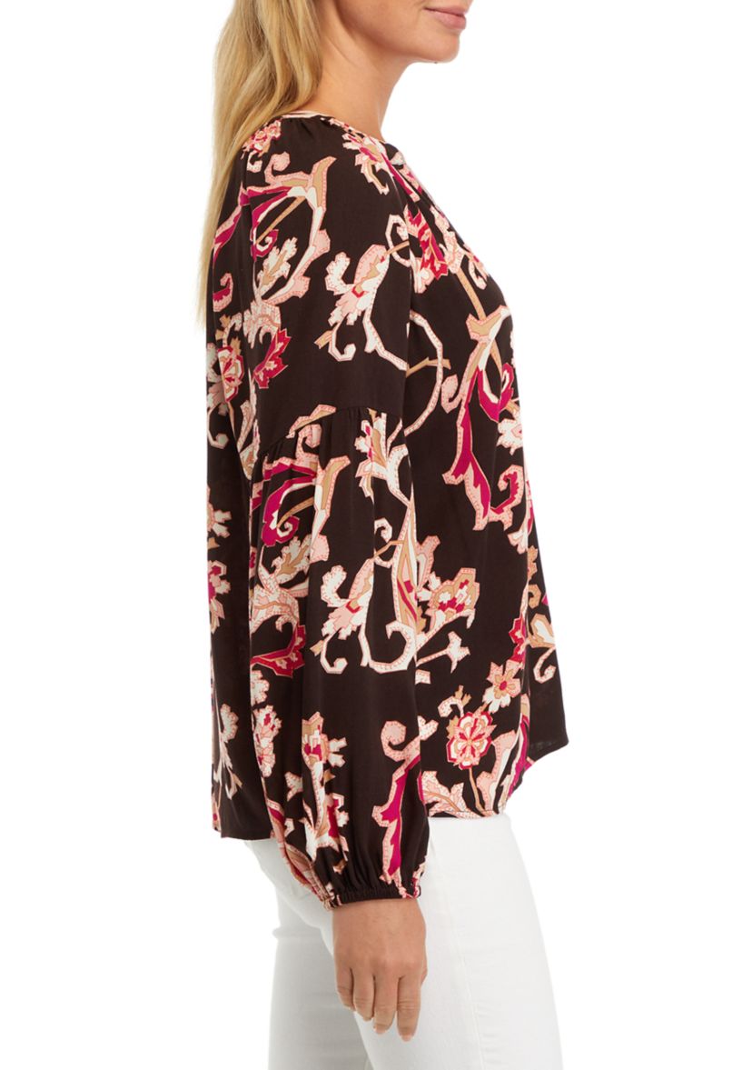 Womens Split Neck Blouson Sleeve Printed Peasant Top 