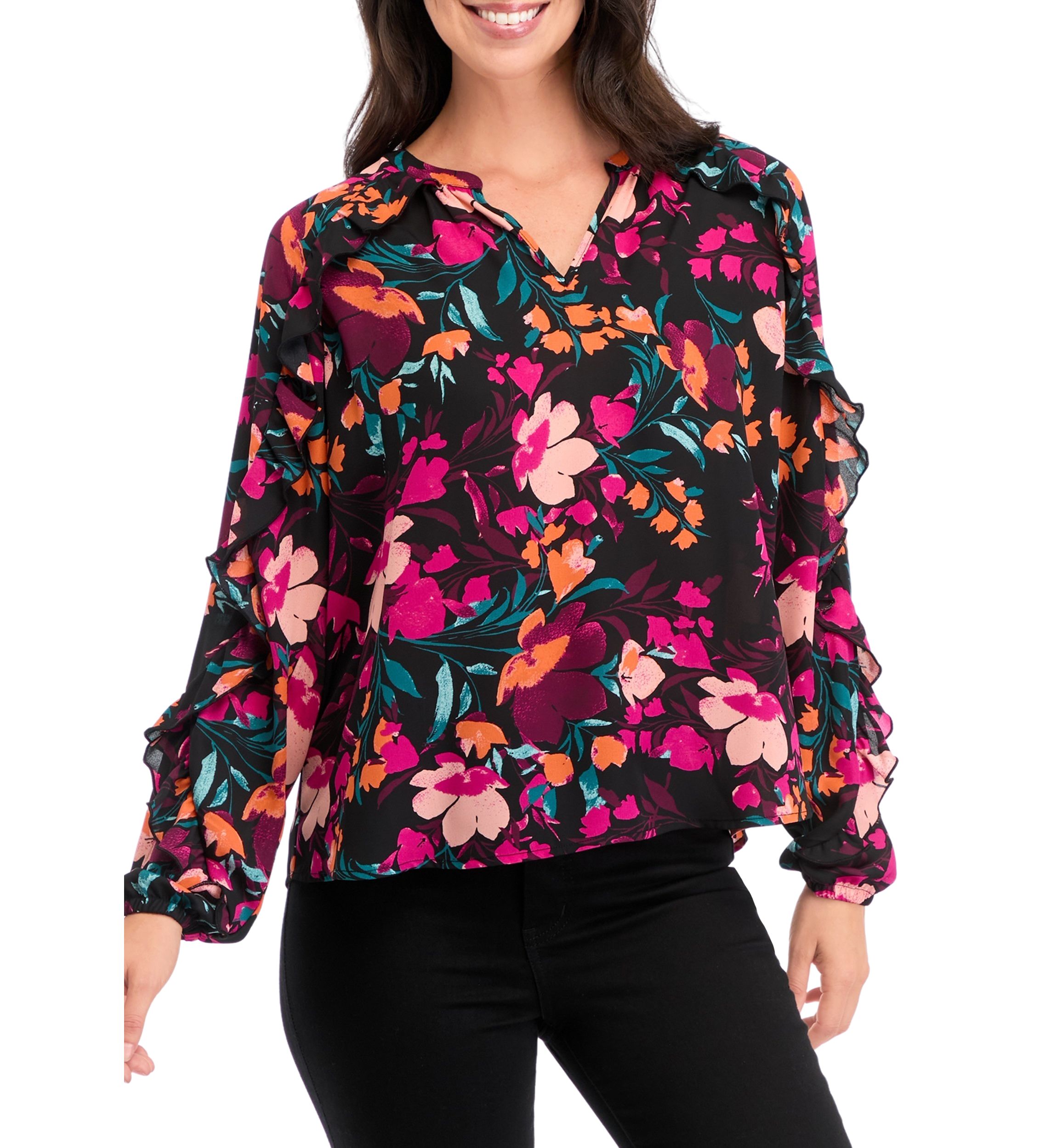 Womens Ruffle Detail Printed Peasant Top 