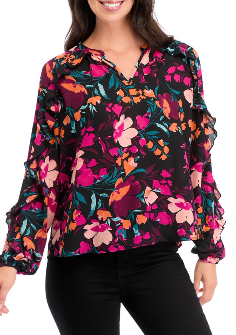 Womens Ruffle Detail Printed Peasant Top 