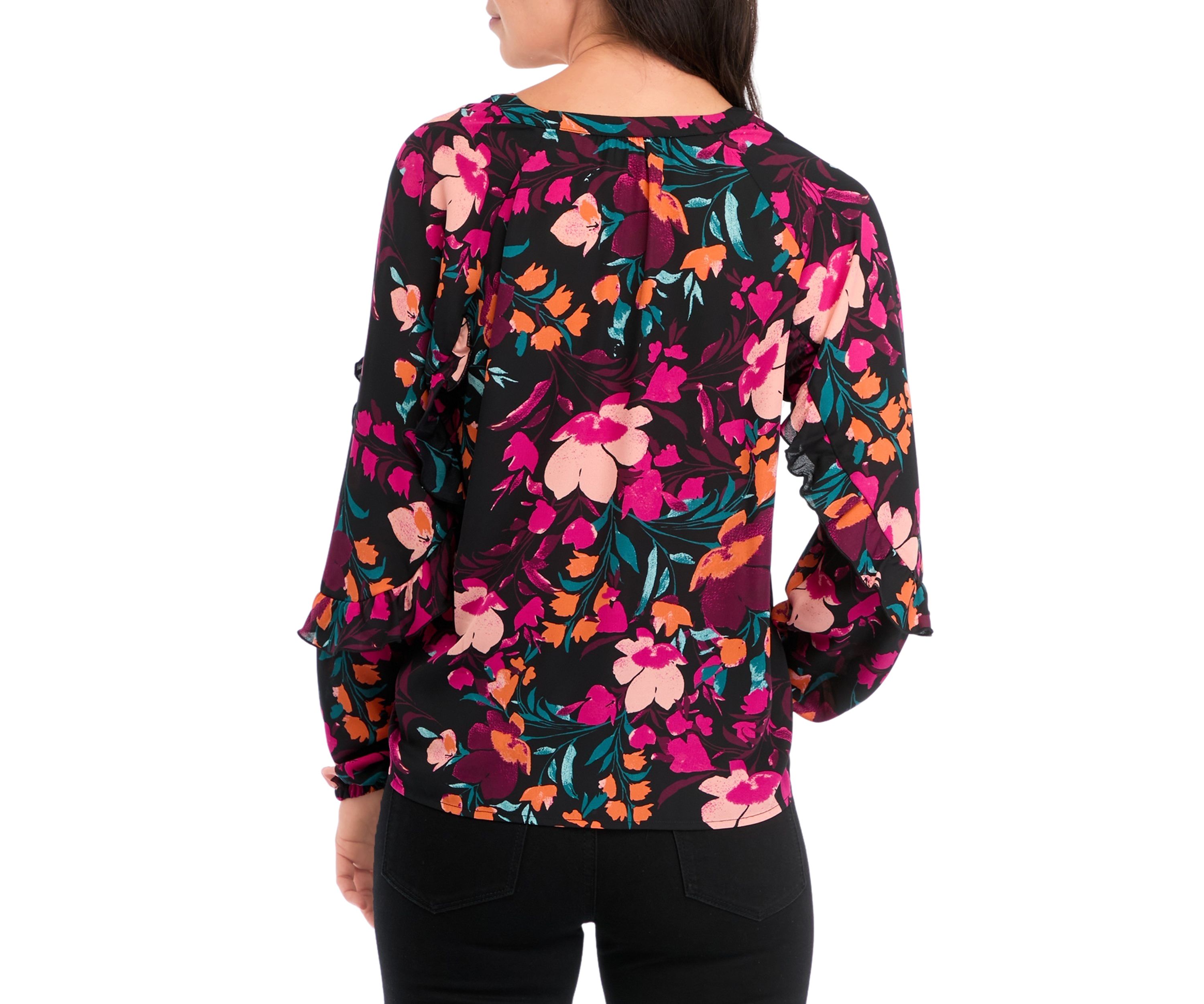 Womens Ruffle Detail Printed Peasant Top 