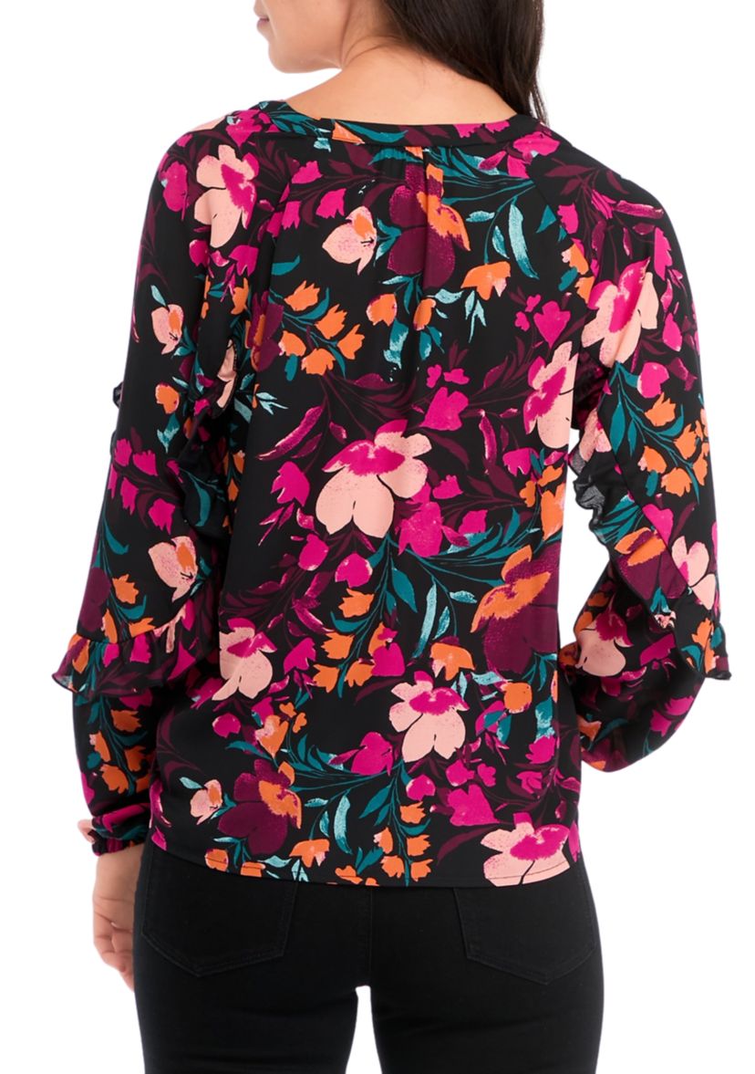 Womens Ruffle Detail Printed Peasant Top 