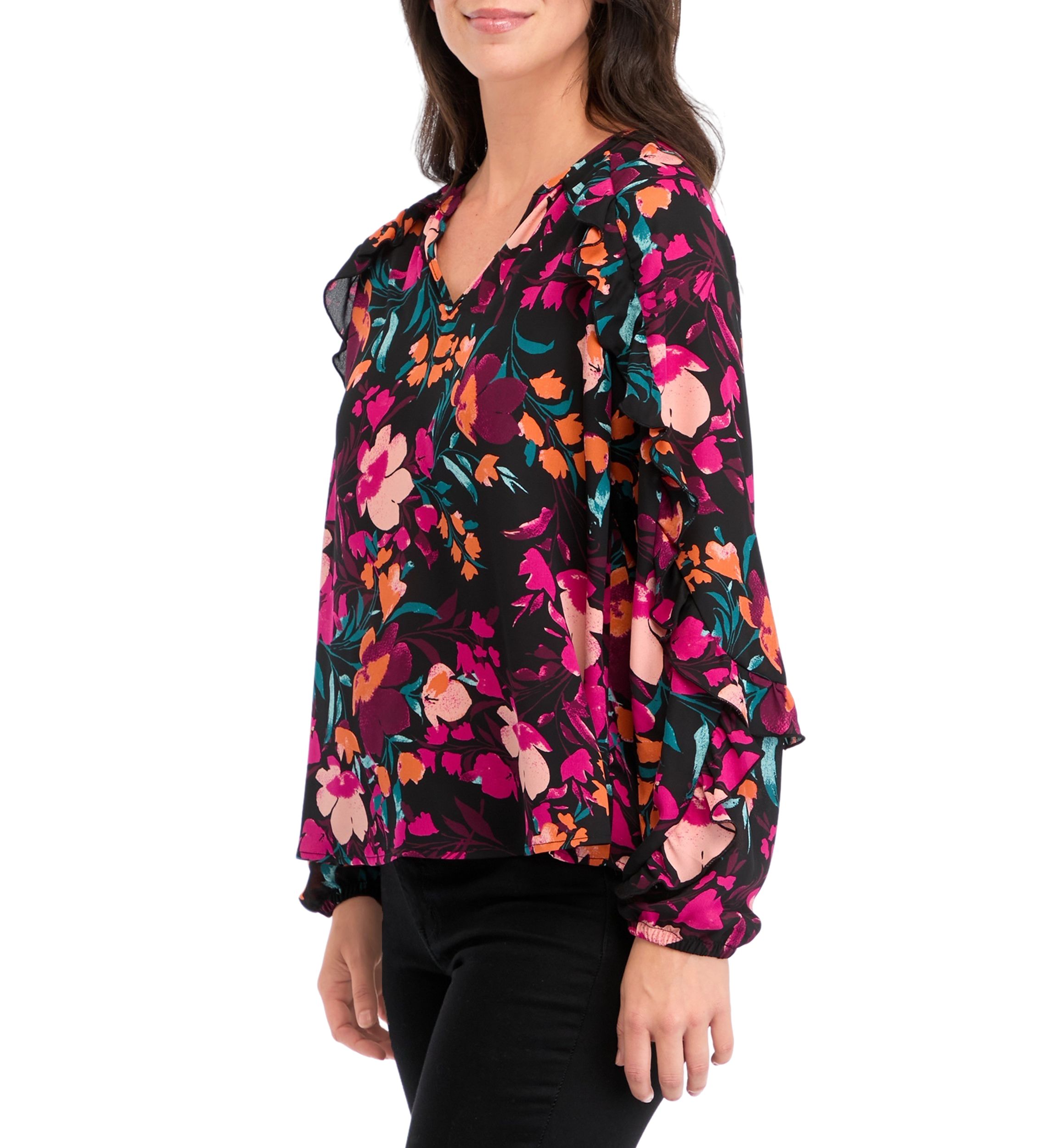 Womens Ruffle Detail Printed Peasant Top 