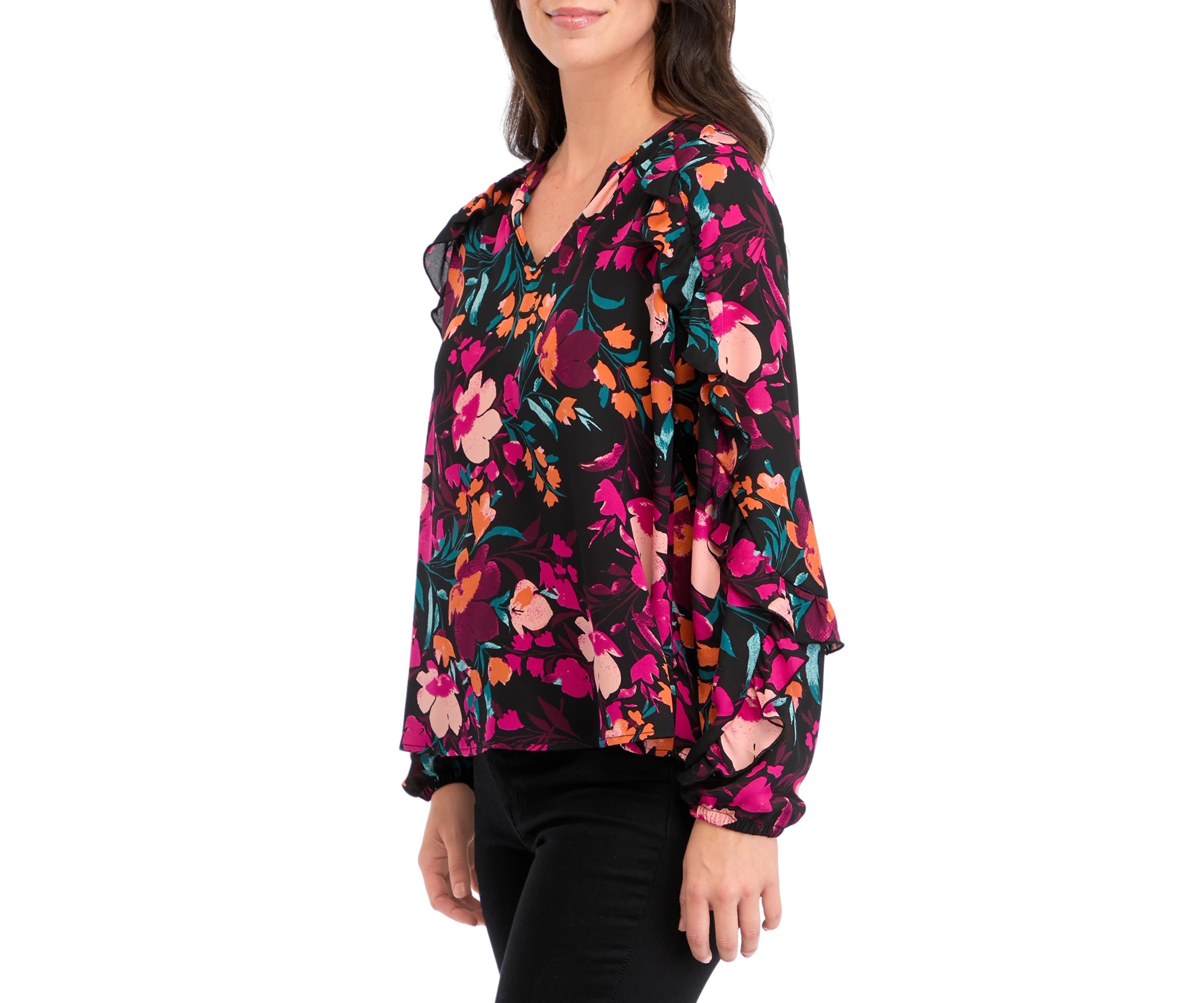 Womens Ruffle Detail Printed Peasant Top 