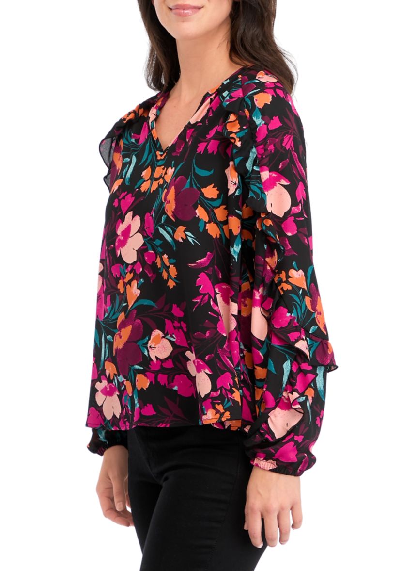 Womens Ruffle Detail Printed Peasant Top 