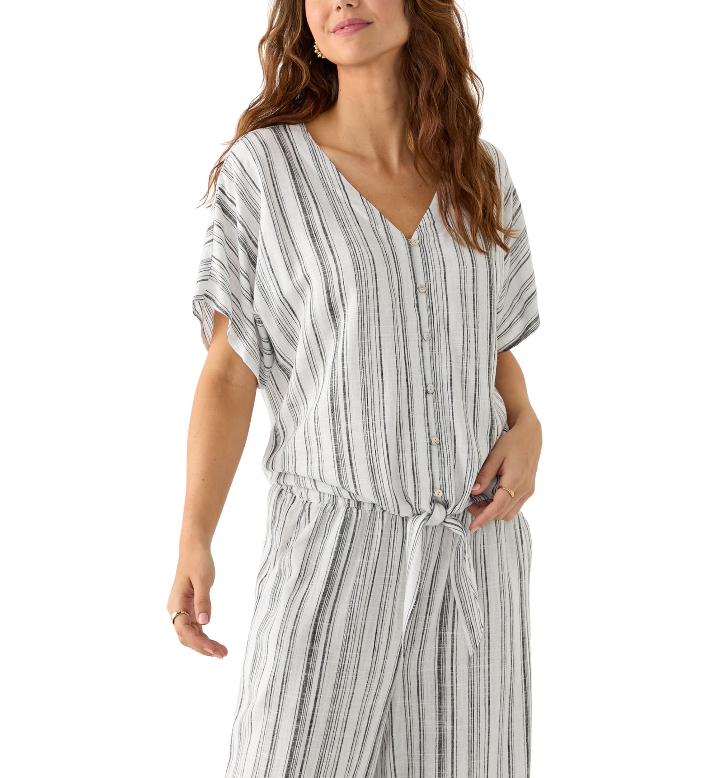Womens Tie Front Striped V-Neck Top 