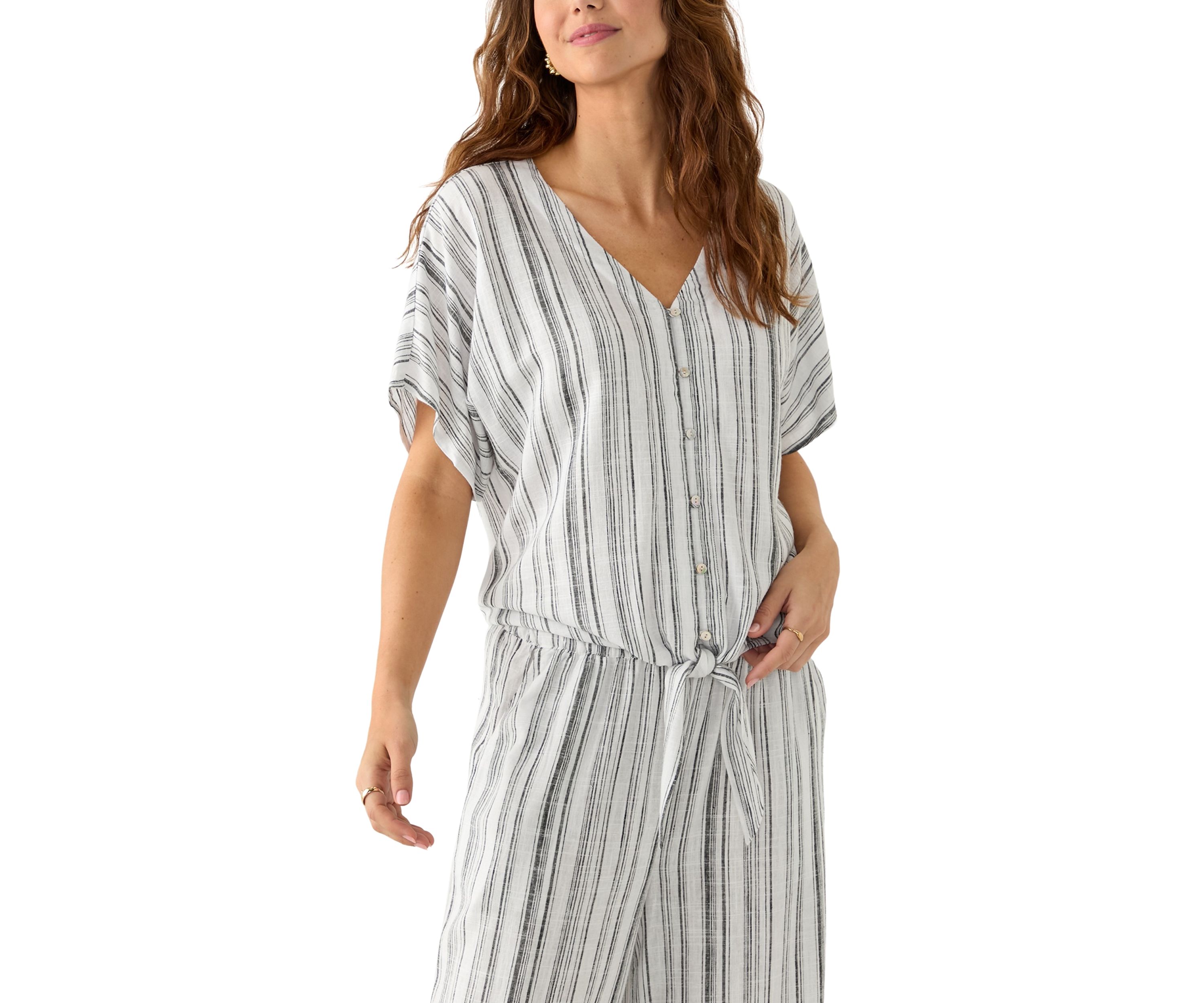 Womens Tie Front Striped V-Neck Top 