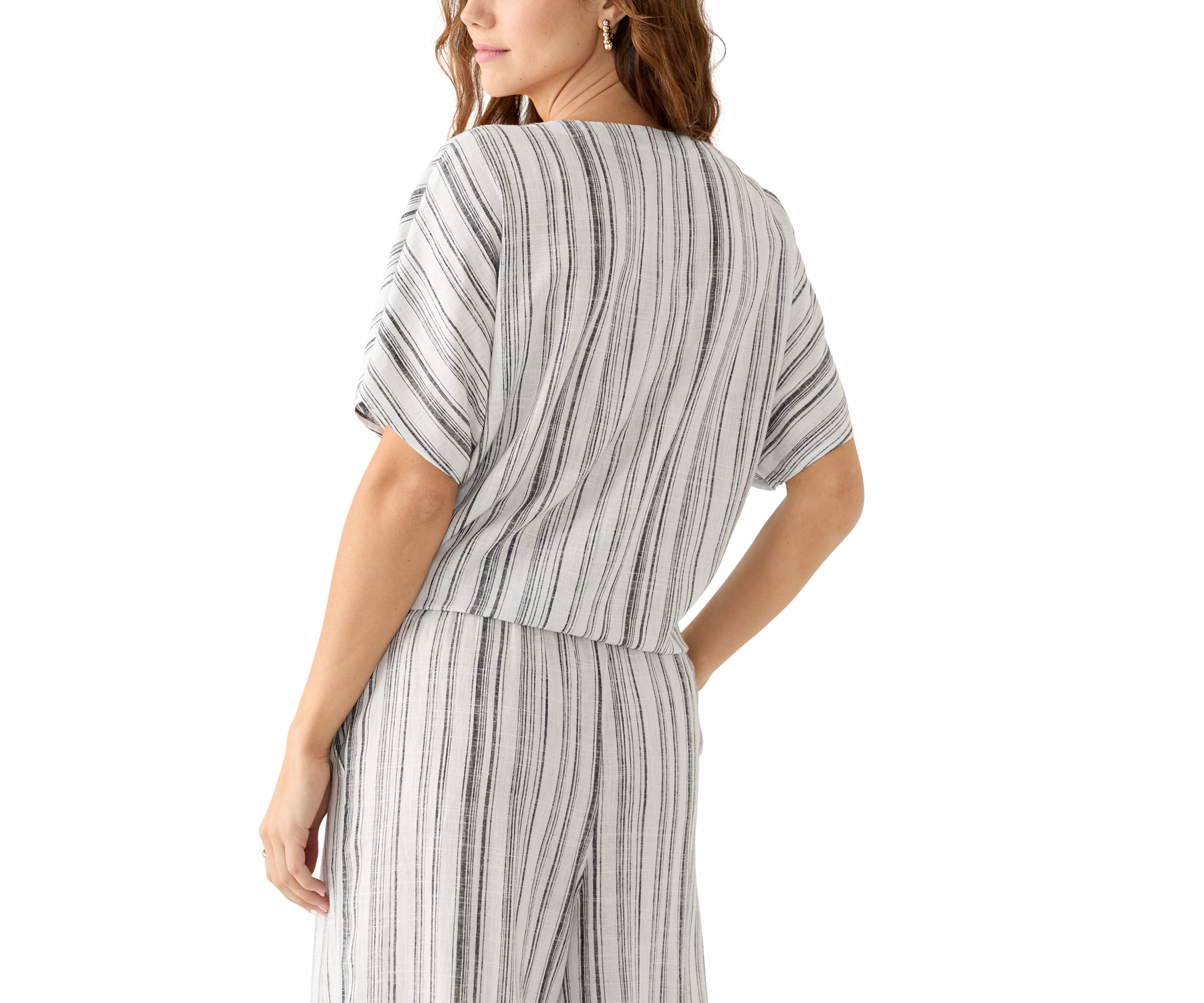 Womens Tie Front Striped V-Neck Top 