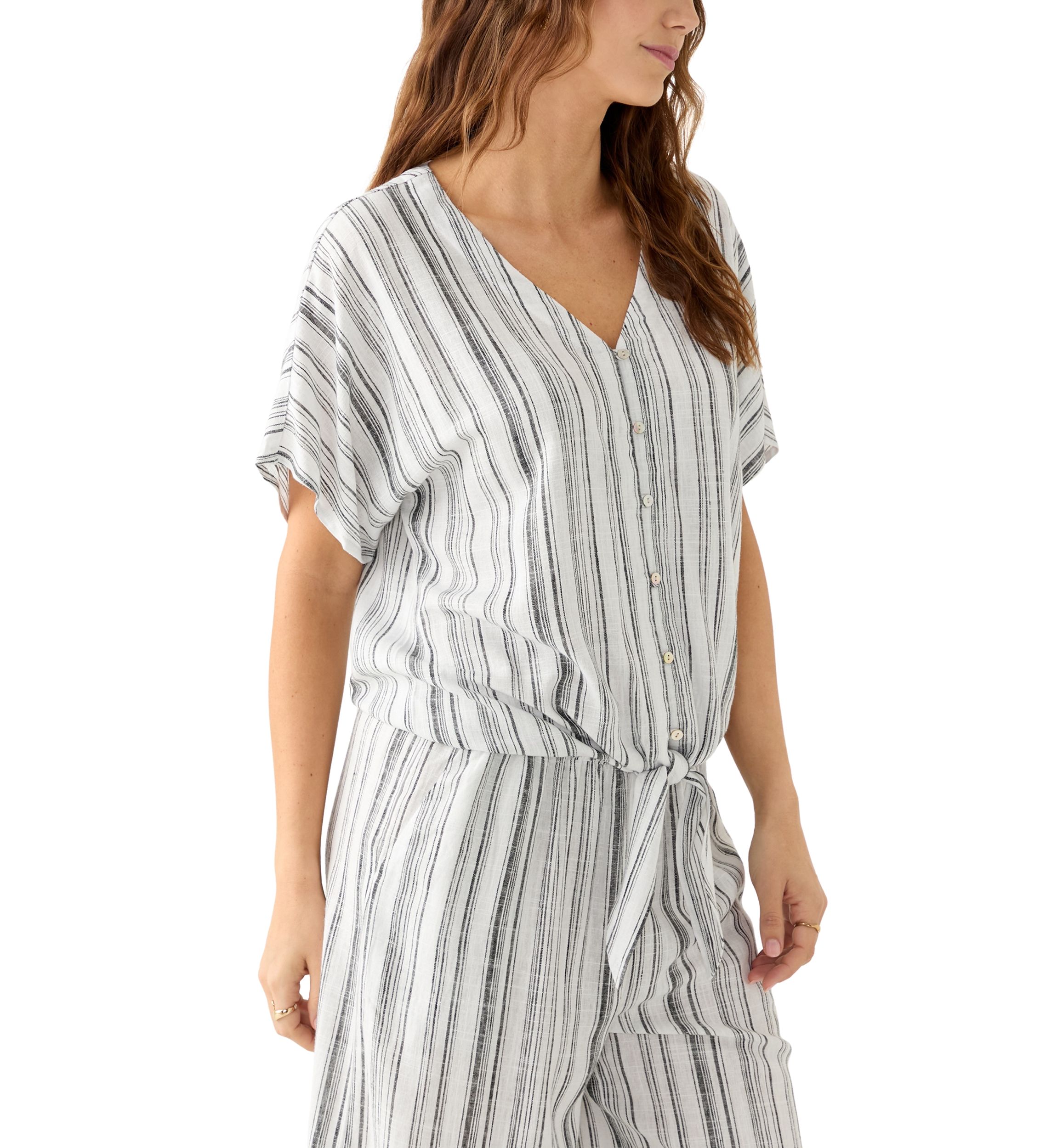 Womens Tie Front Striped V-Neck Top 