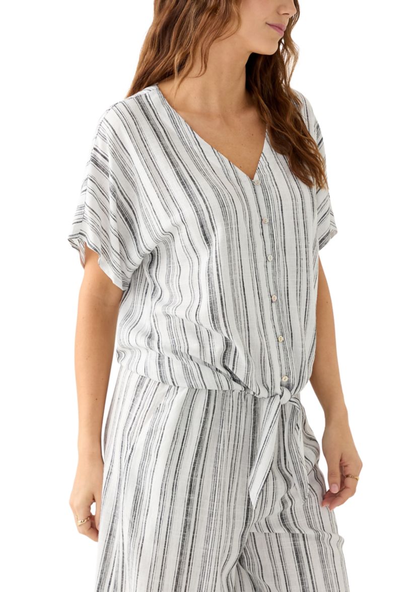Womens Tie Front Striped V-Neck Top 