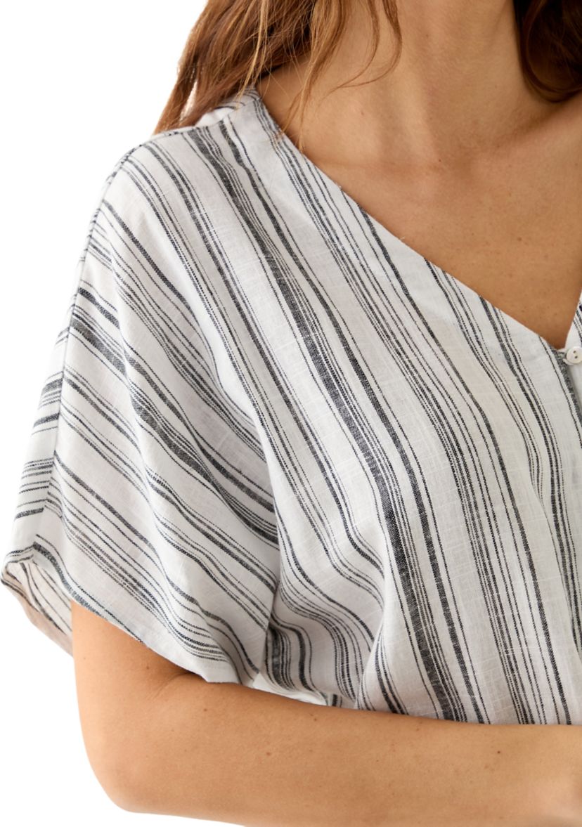 Womens Tie Front Striped V-Neck Top 