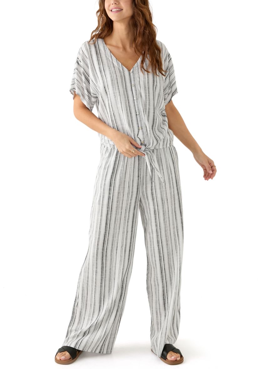 Womens Tie Front Striped V-Neck Top 