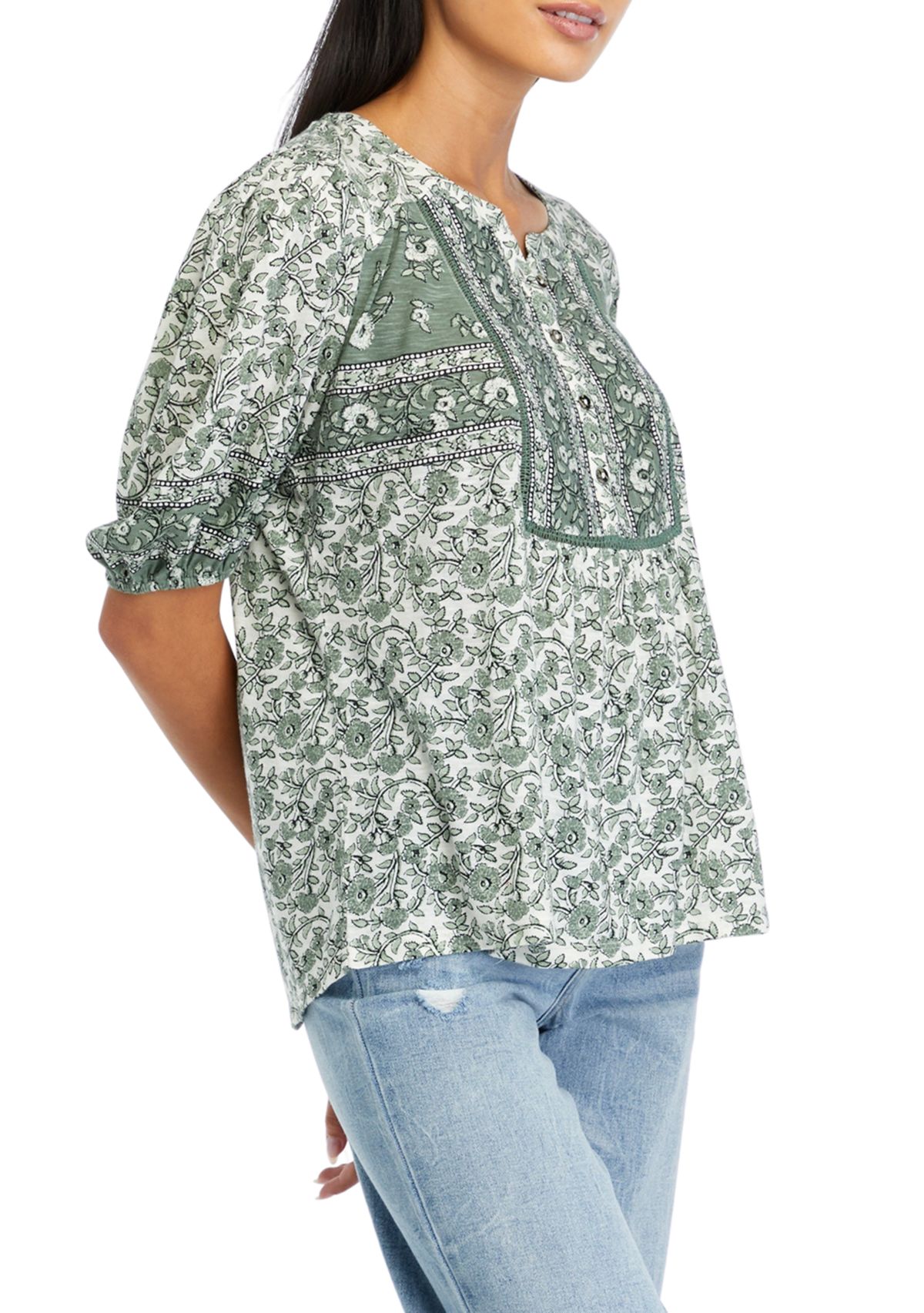 Petite Mixed Printed Peasant Top