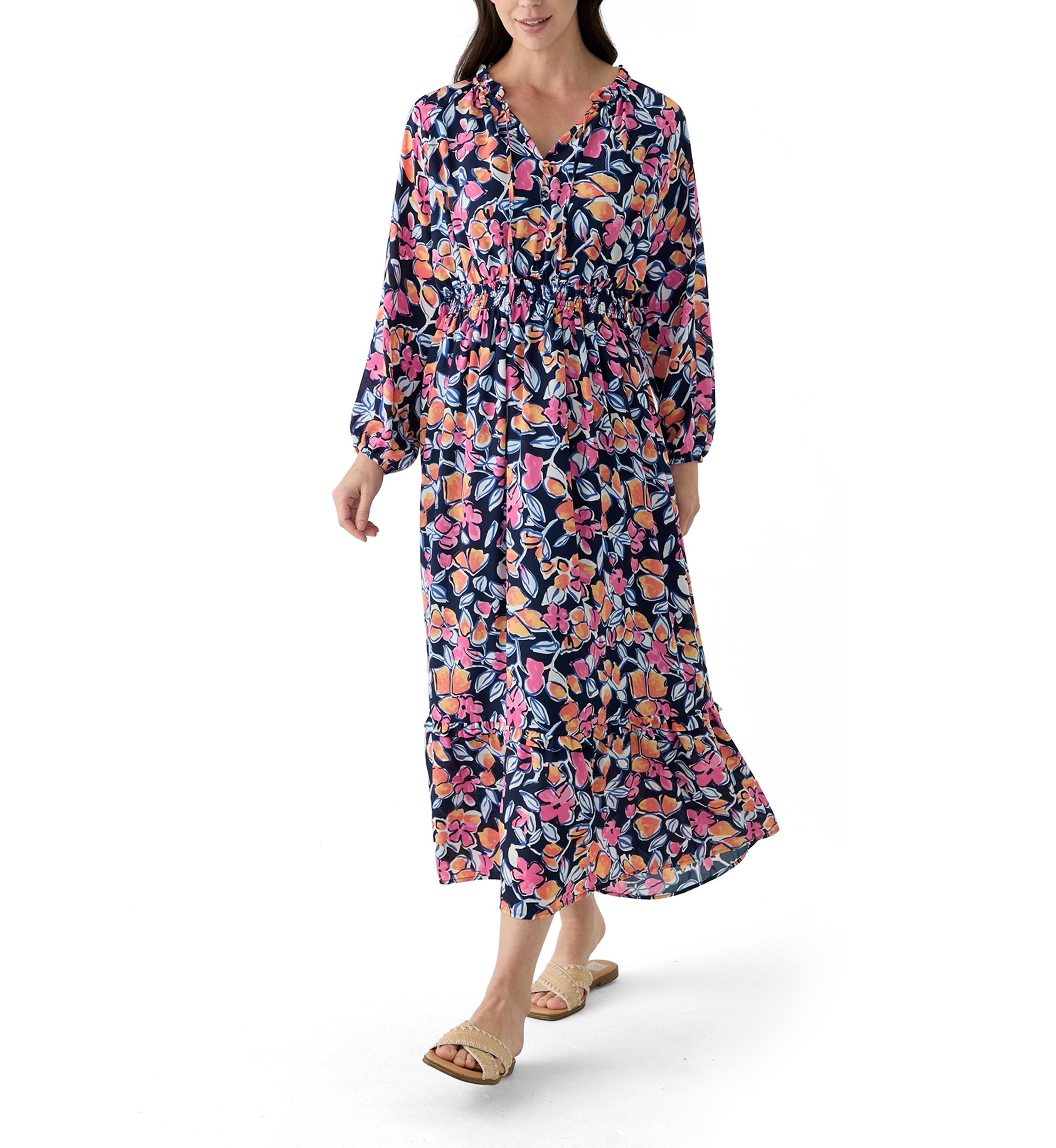 Petite Long Sleeve Printed Maxi Dress
