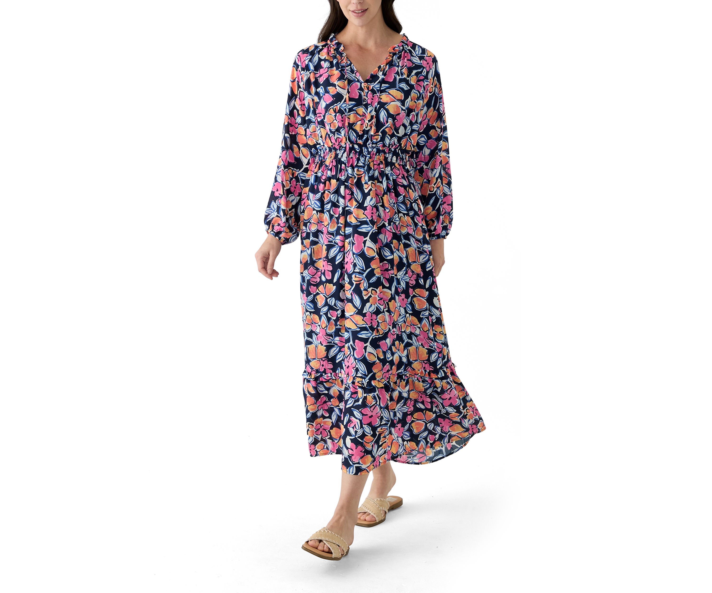Petite Long Sleeve Printed Maxi Dress