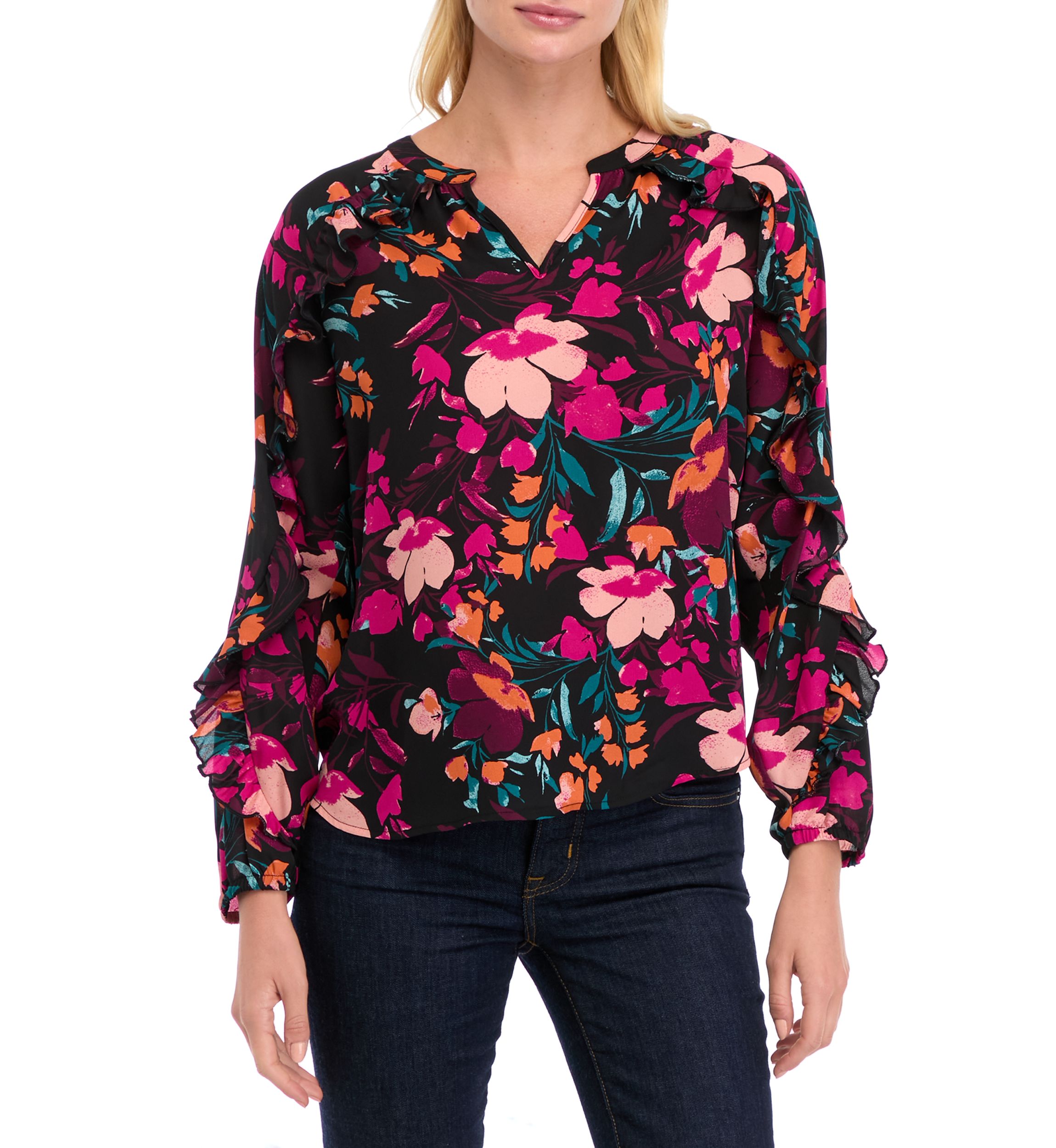 Petite Ruffle Detail Printed Blouse