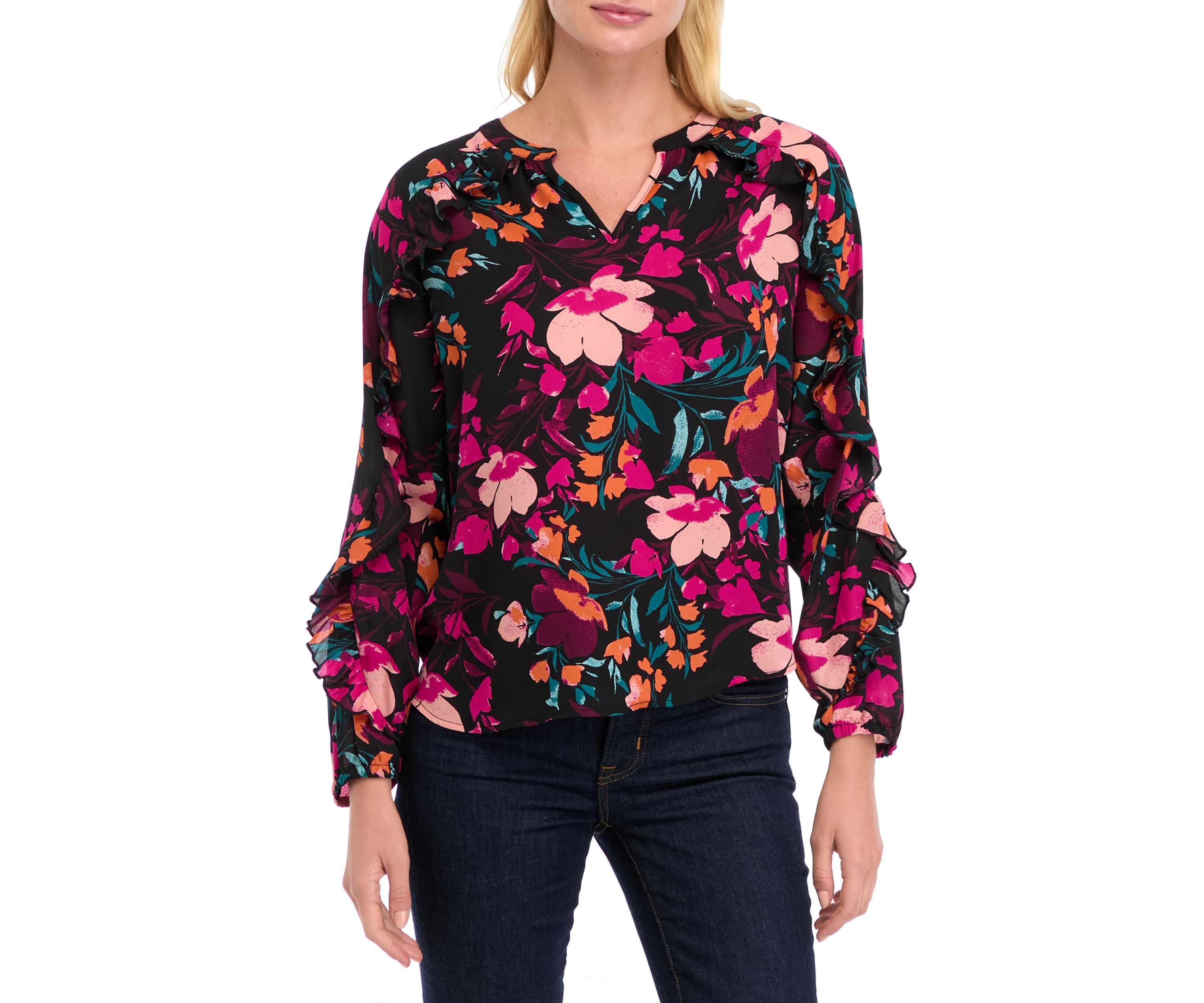 Petite Ruffle Detail Printed Blouse
