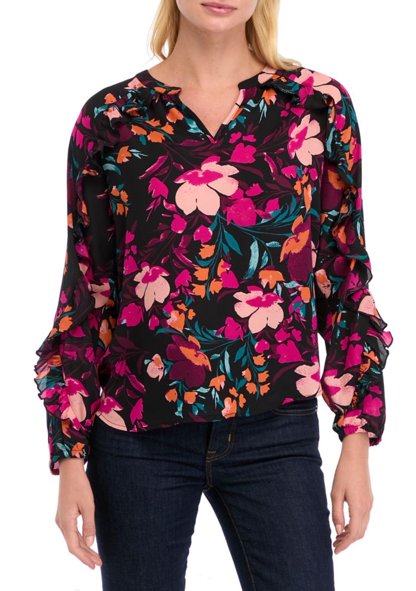 Petite Ruffle Detail Printed Blouse
