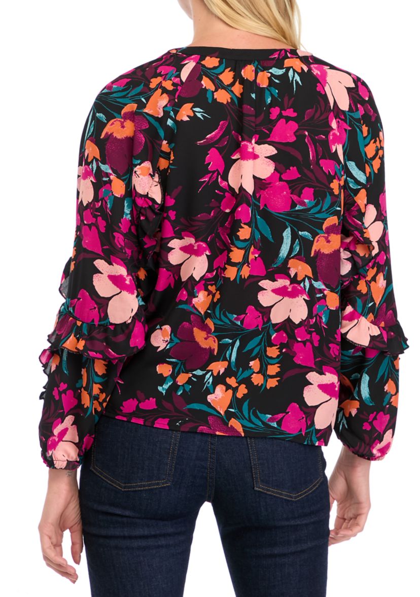 Petite Ruffle Detail Printed Blouse