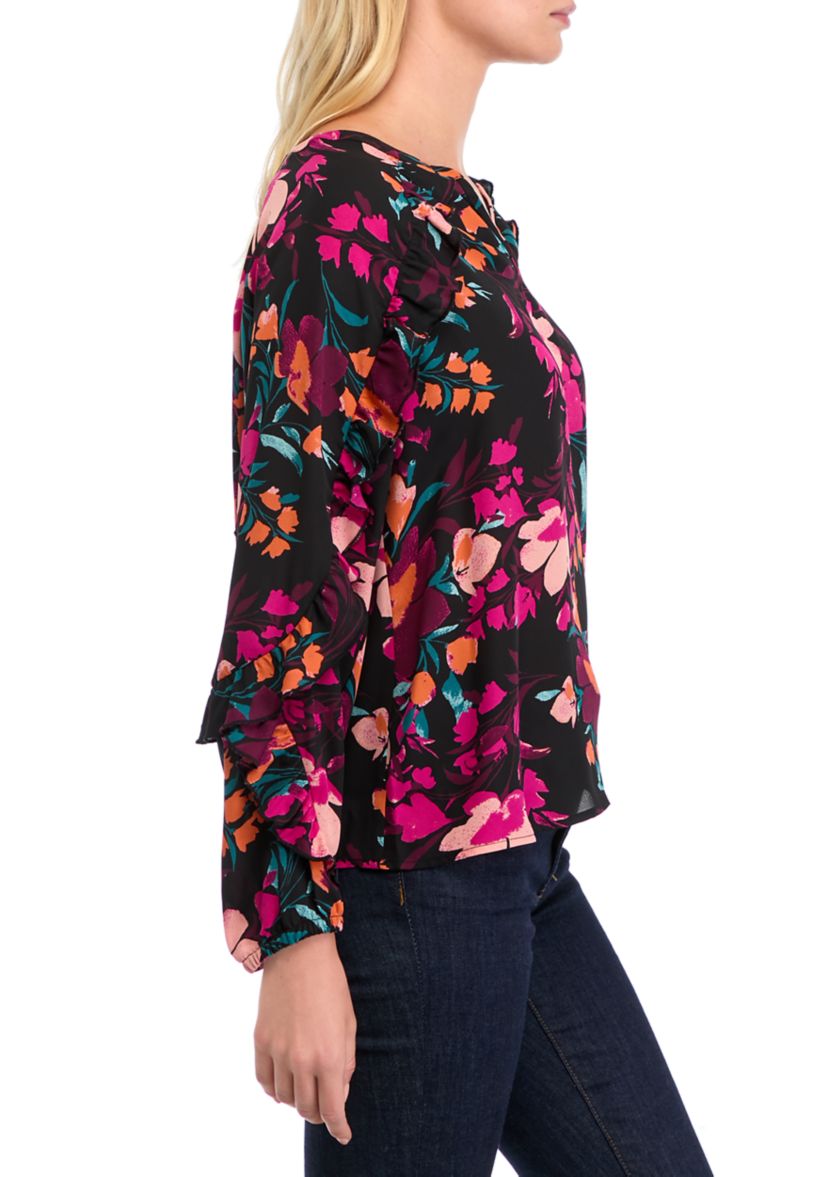 Petite Ruffle Detail Printed Blouse