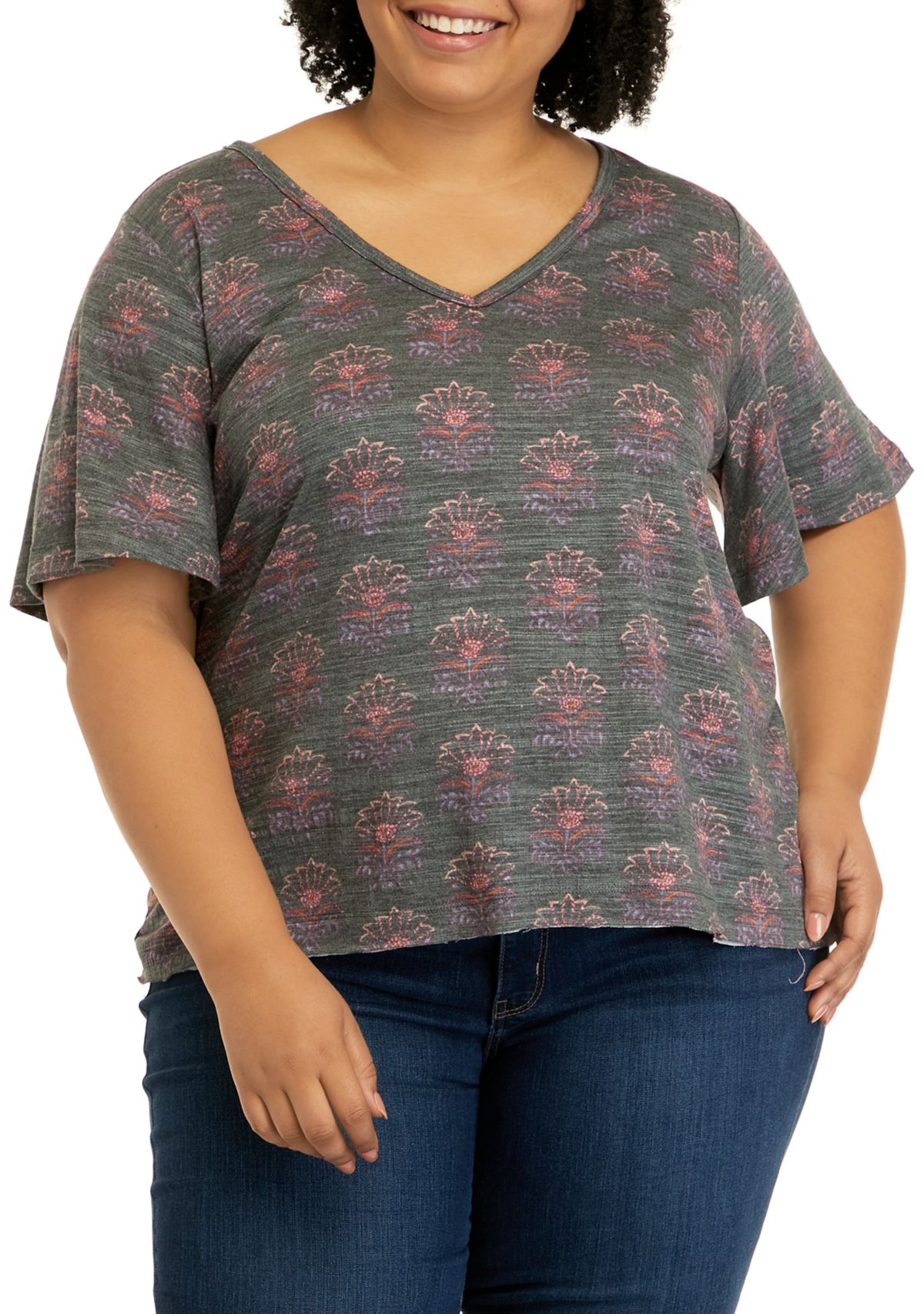 Plus Size Short Sleeve Knit Slub V-Neck T-Shirt
