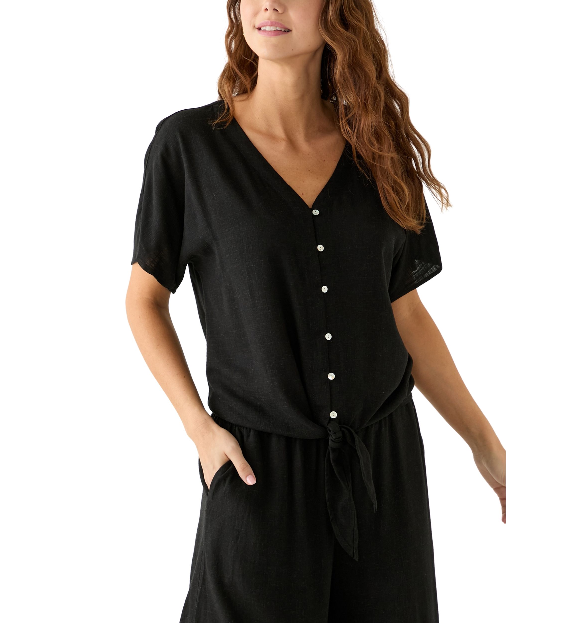 Plus Size Tie Front V-Neck Top 