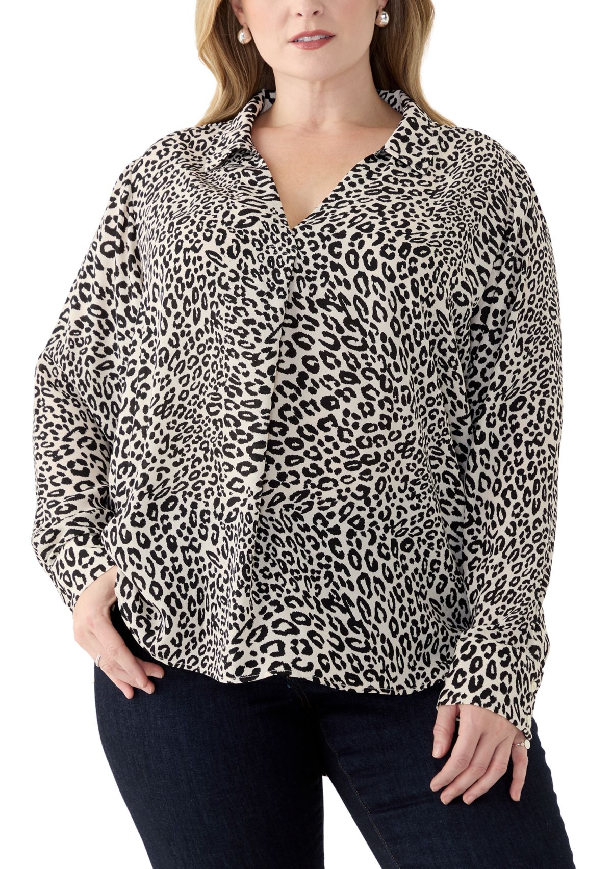 Plus Size Long Sleeve Printed Collared Blouse