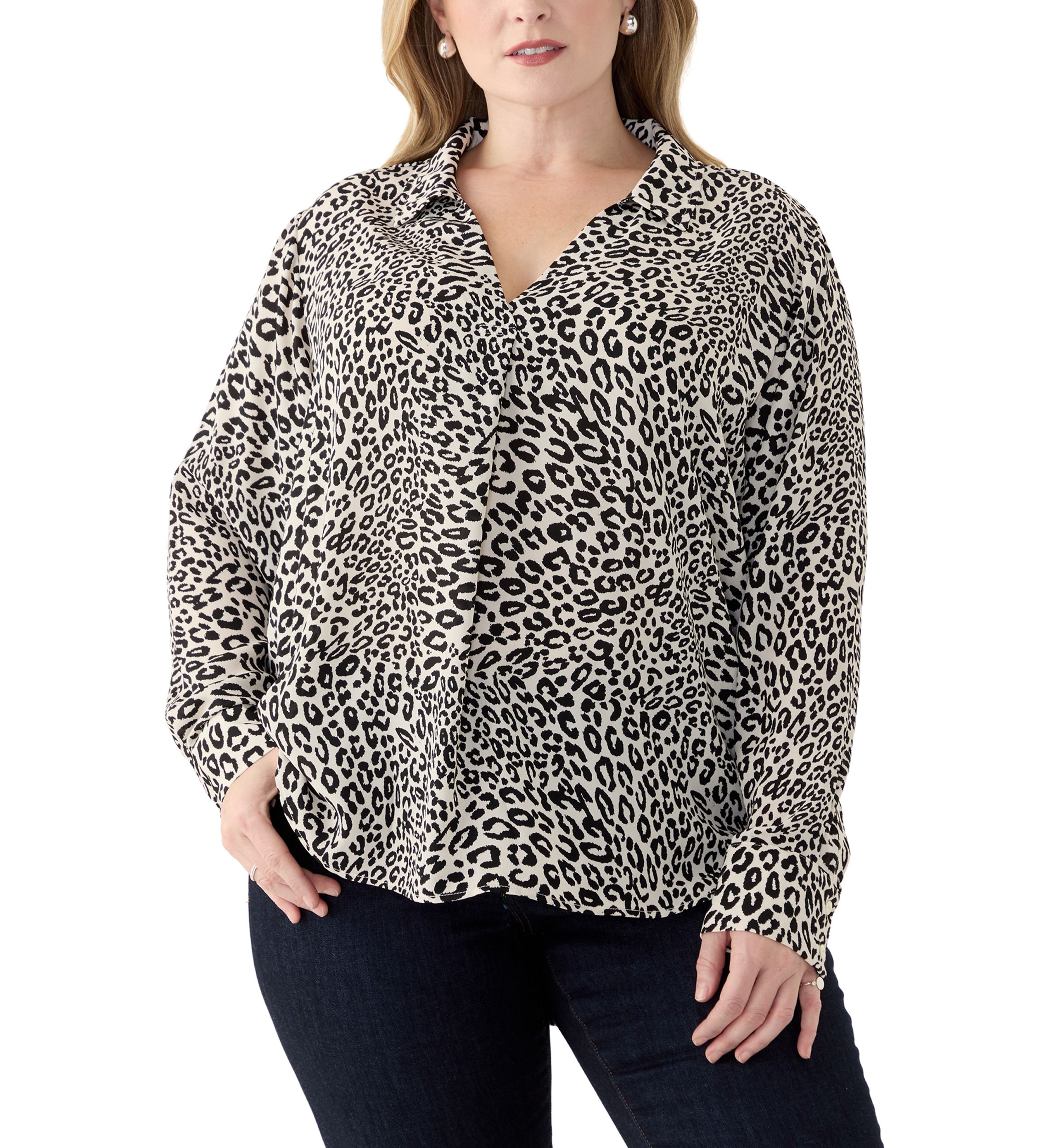 Plus Size Long Sleeve Printed Collared Blouse