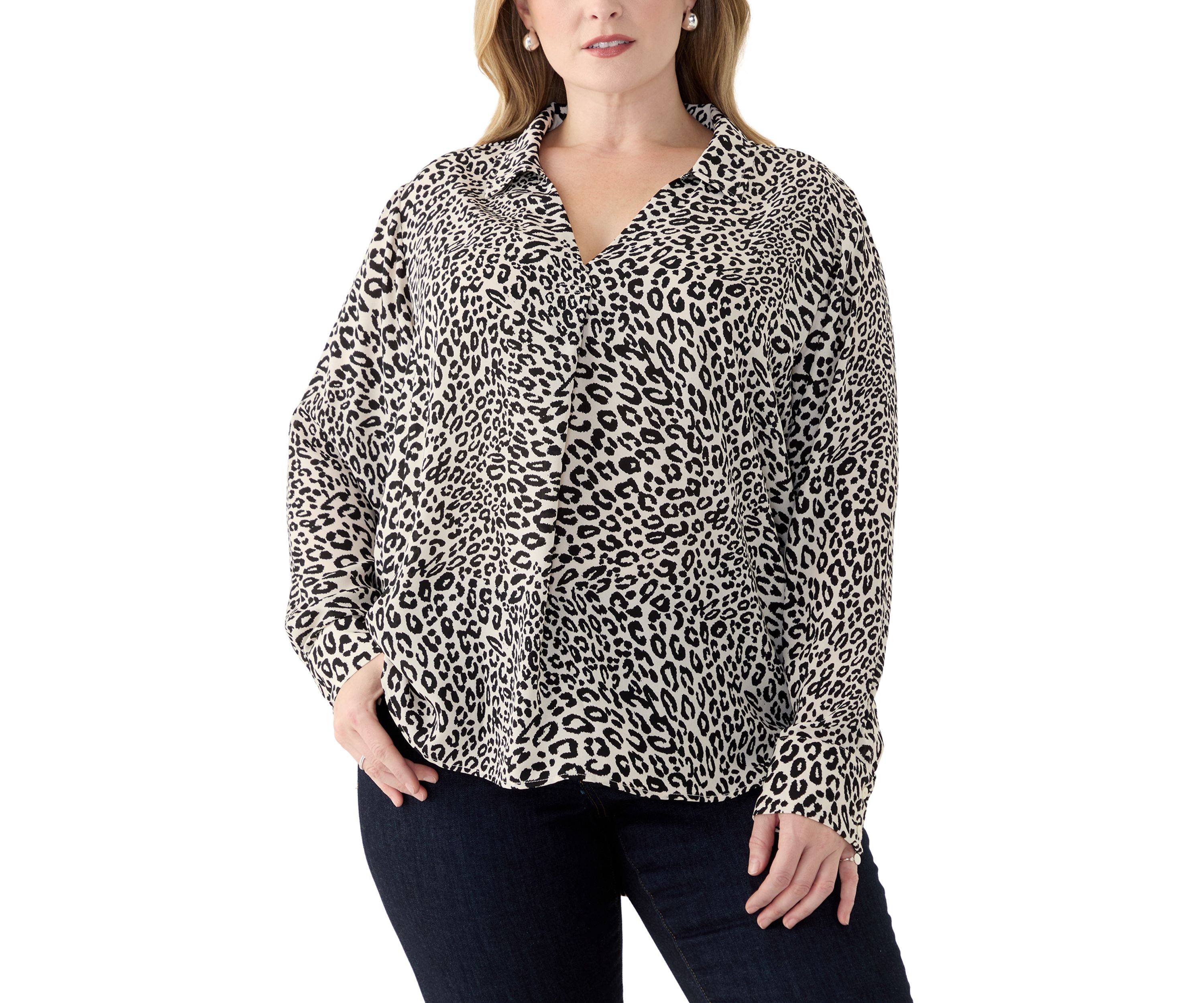 Plus Size Long Sleeve Printed Collared Blouse