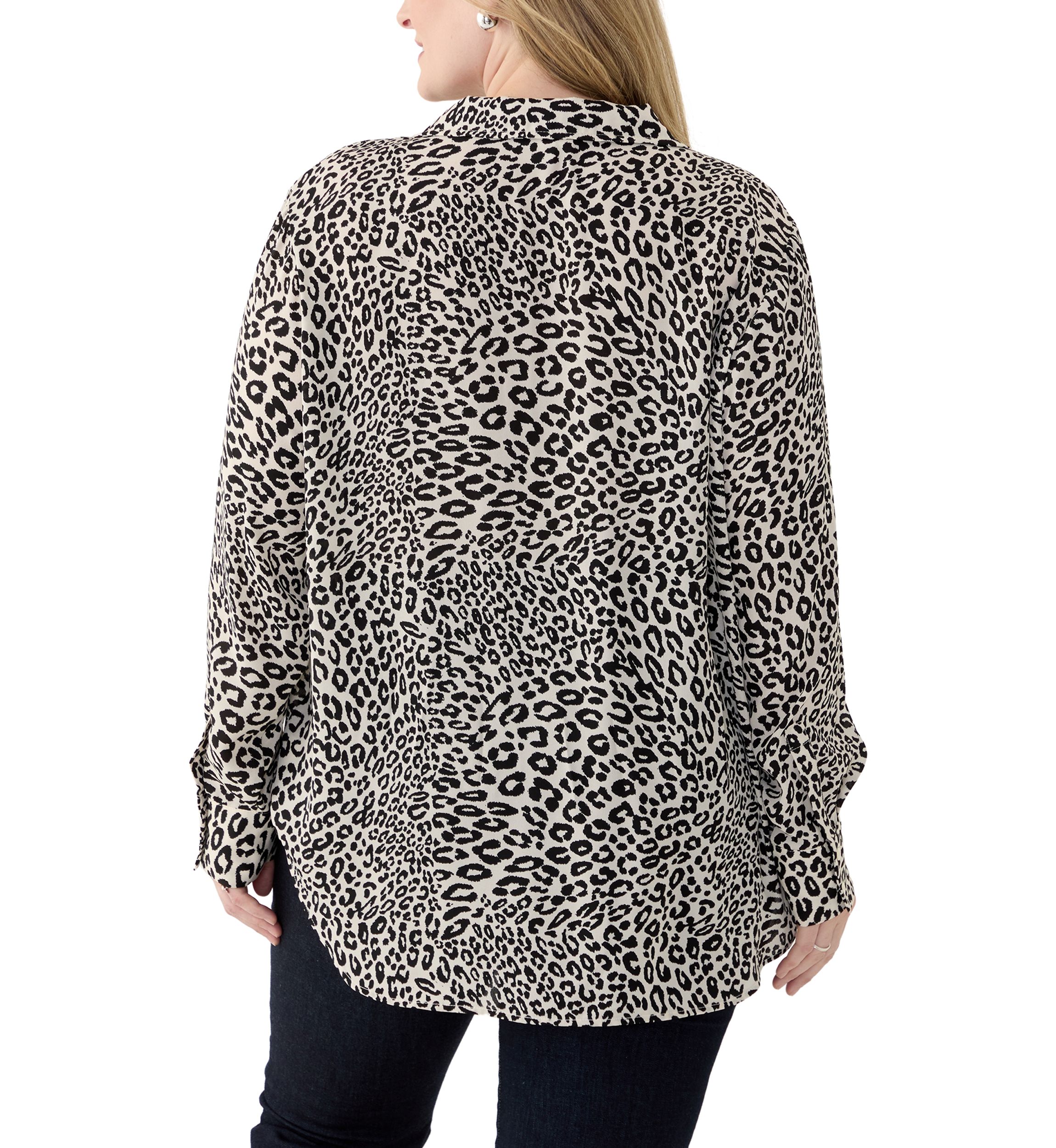 Plus Size Long Sleeve Printed Collared Blouse