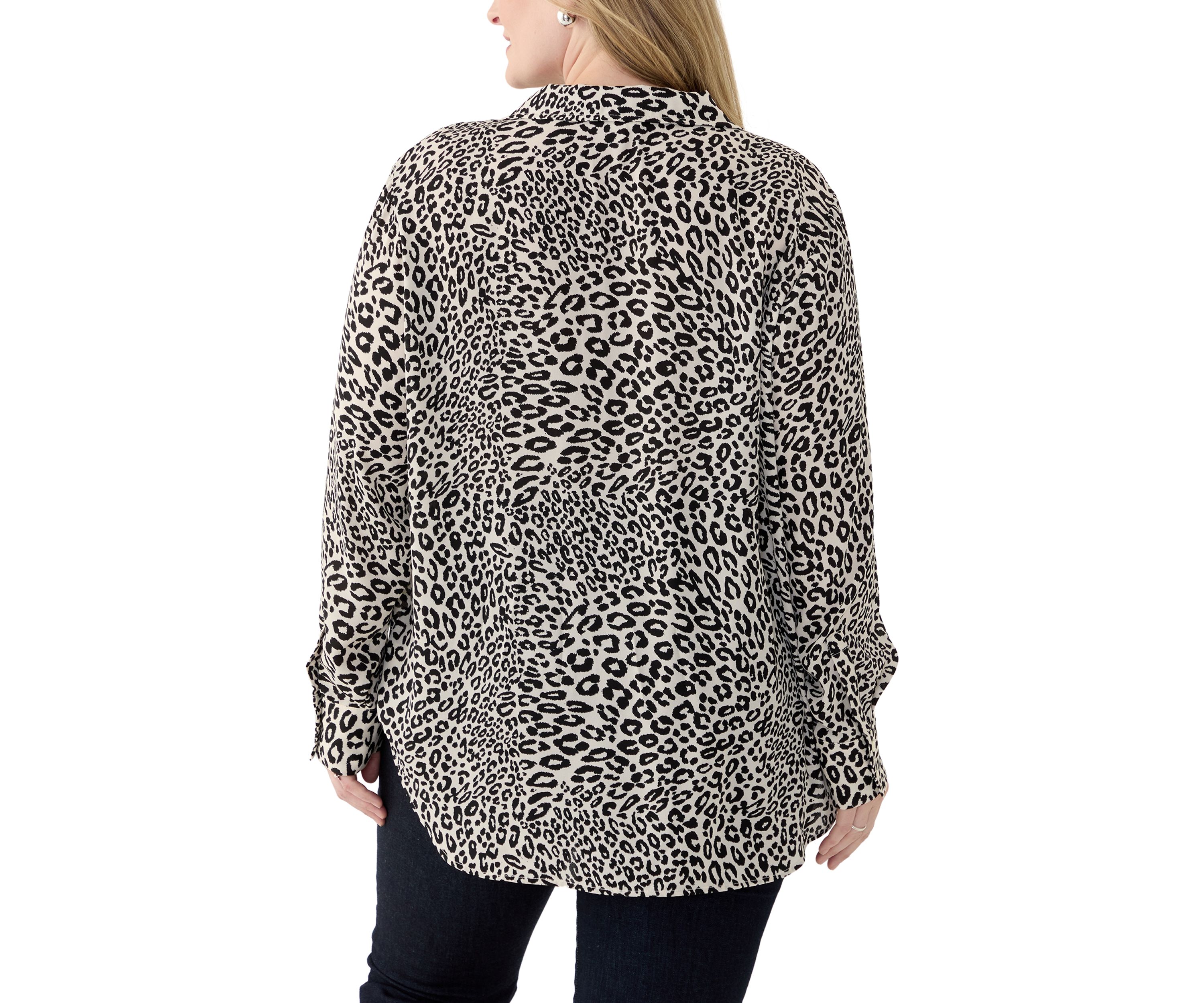 Plus Size Long Sleeve Printed Collared Blouse