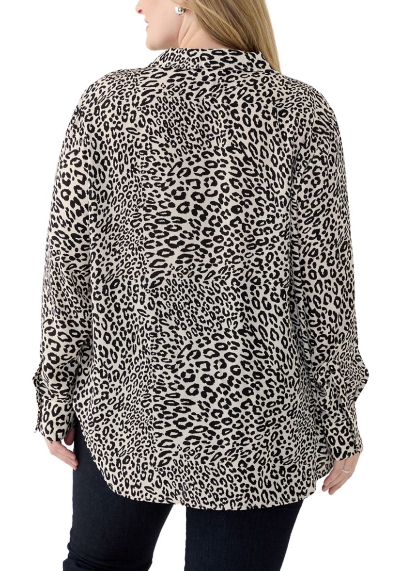 Plus Size Long Sleeve Printed Collared Blouse