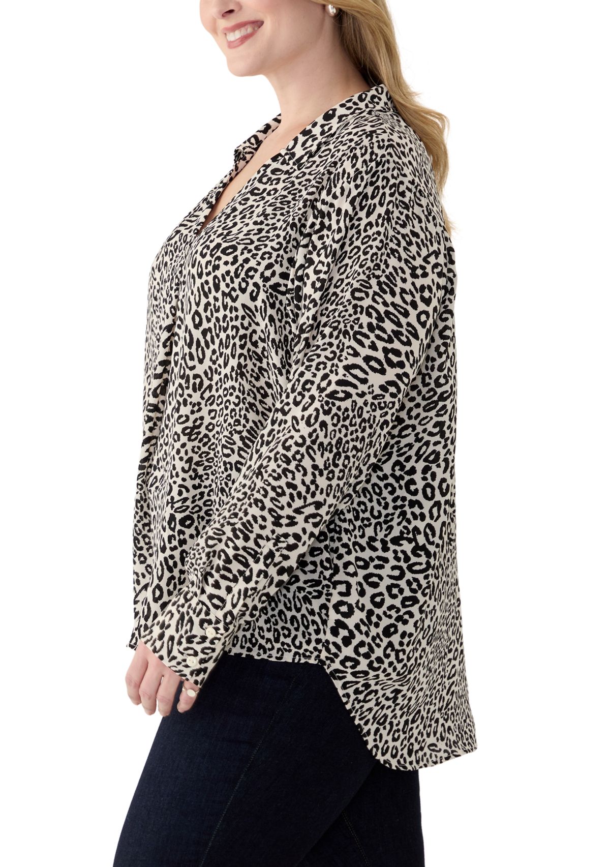 Plus Size Long Sleeve Printed Collared Blouse