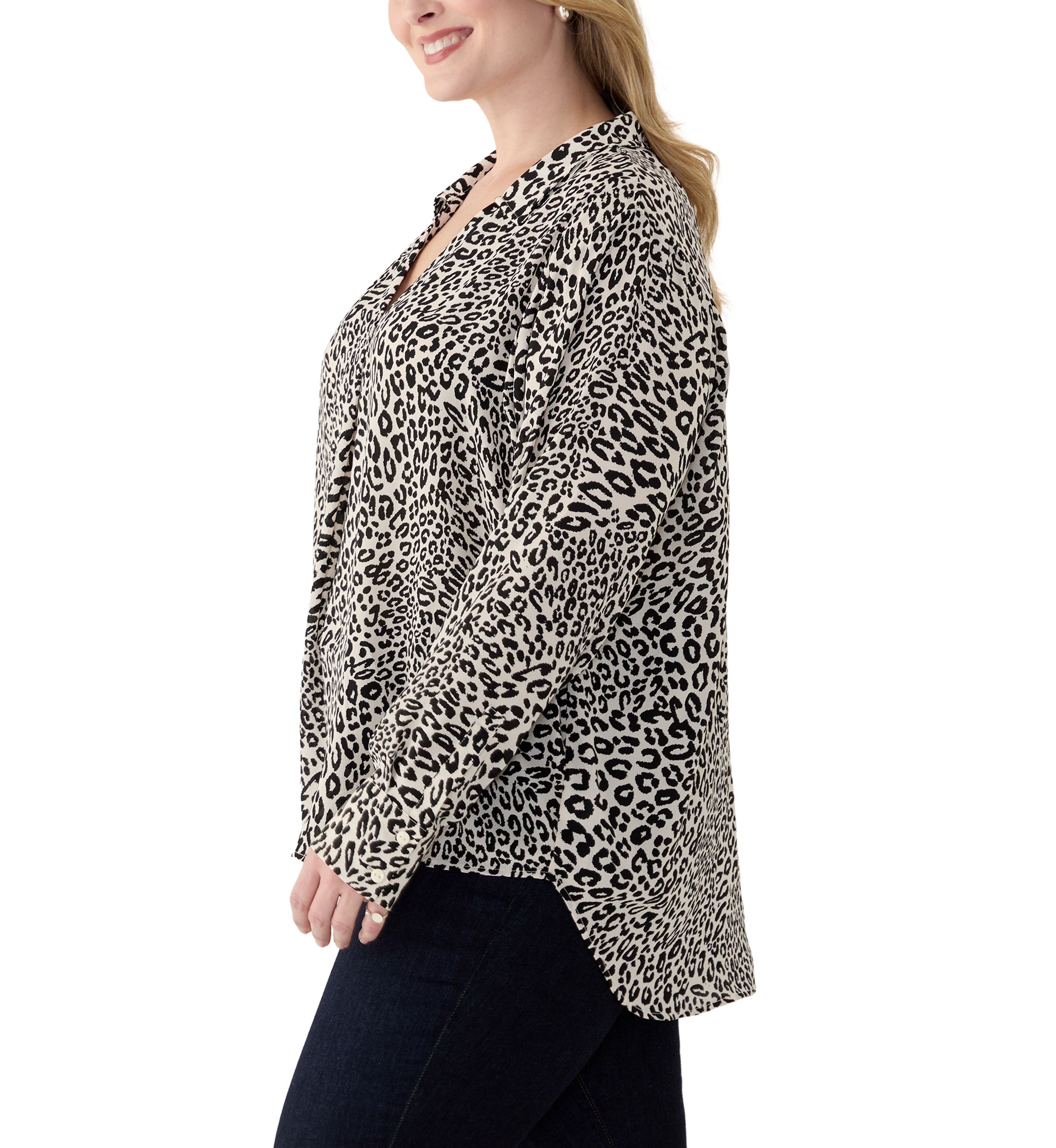 Plus Size Long Sleeve Printed Collared Blouse